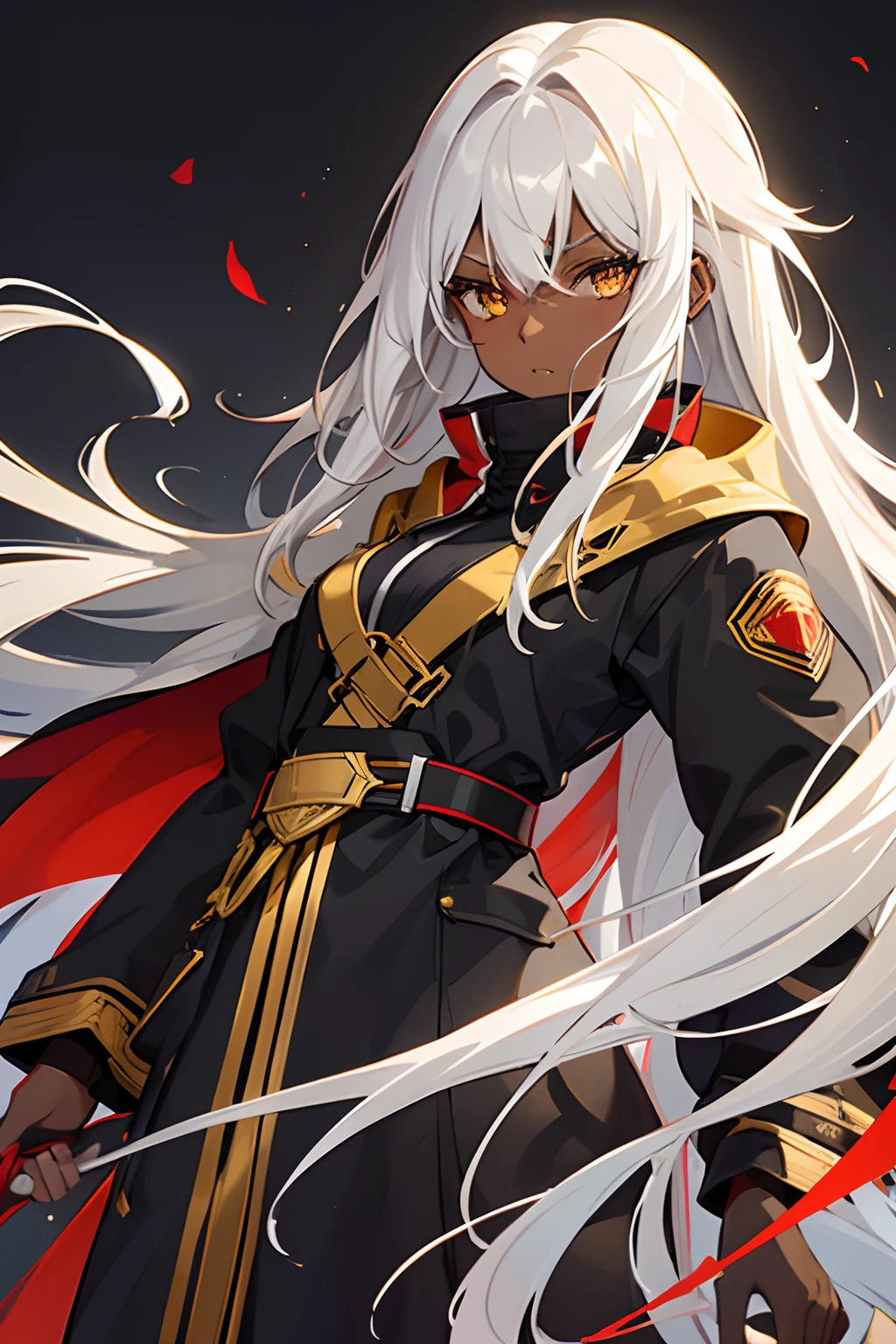 1 Girl, Dark Skinned, Golden eyes, Opaque grey-yellow Hair, Black overcoat with (((Red))) accents, Nomad, Chief Guard of academy,
