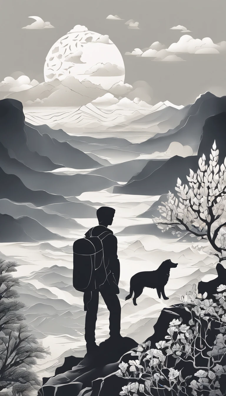 a young man stands on the edge of a cliff. He's gazing upwards toward the sky, unaware he's about to skip off a precipice into the unknown. Over his shoulder rests a modest knapsack. A white rose in his left hand. At his feet is a small white dog. The mountains behind The Fool symbolize the challenges yet to come.