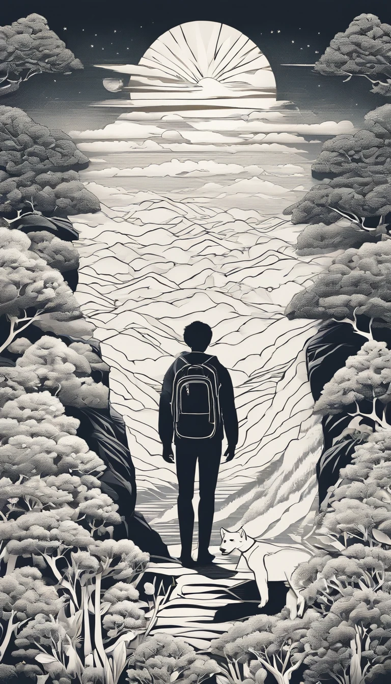 a young man stands on the edge of a cliff. He's gazing upwards toward the sky, unaware he's about to skip off a precipice into the unknown. Over his shoulder rests a modest knapsack. A white rose in his left hand. At his feet is a small white dog. The mountains behind The Fool symbolize the challenges yet to come.