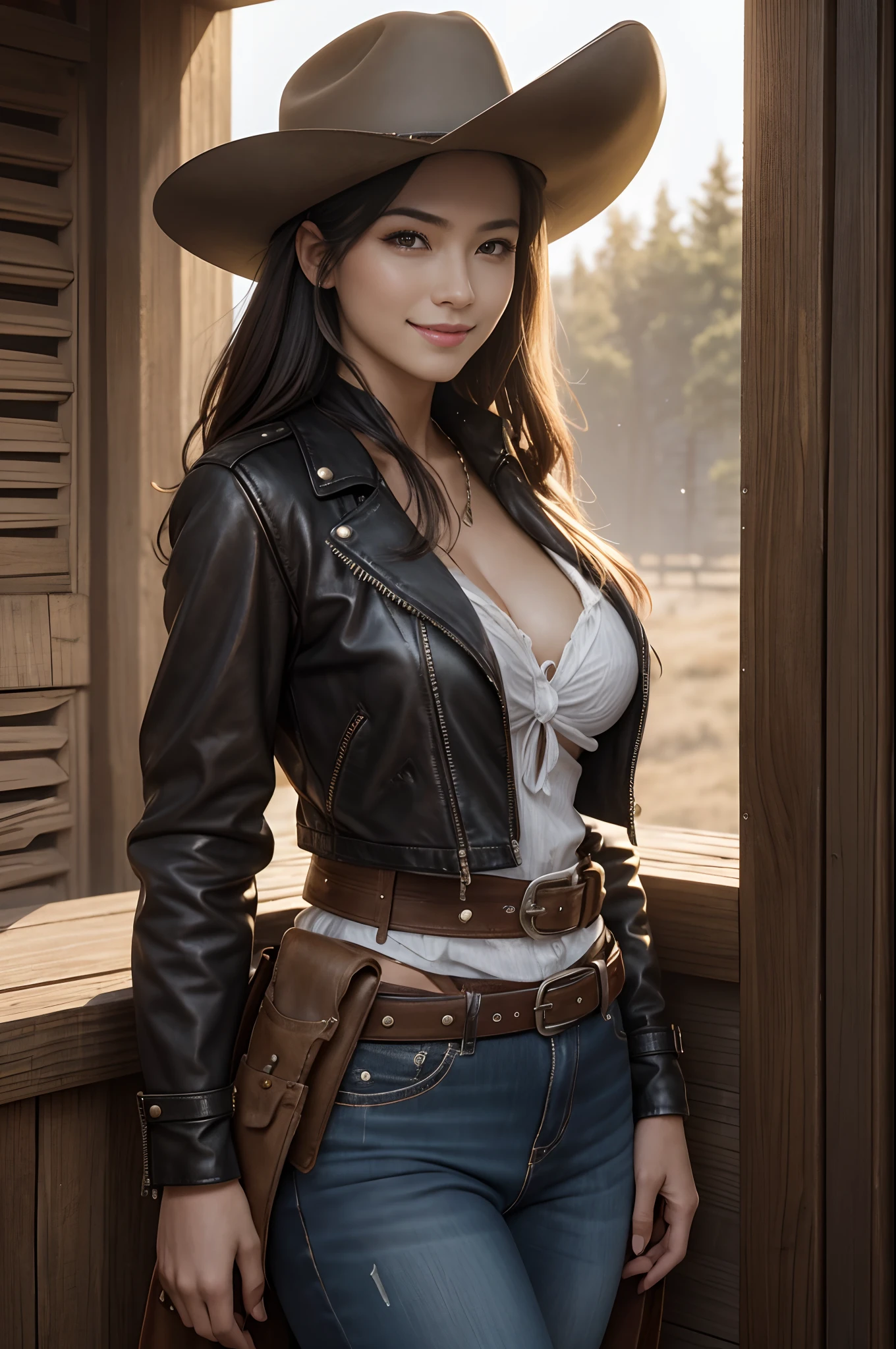 Post towns in the west,Sheriff in cowboy fashion,Gunslinger Costume,Leather jacket with front opening,Wrap a gun belt around your waist,holster,Cowboy Hat,Generate images of beautiful women around the world,Especially while reflecting elements of Western beauty,Woman with natural smile and attractive expression,Woman with natural smile and attractive expression,Transparent skin,sparkle in eyes,Expresses an elegant atmosphere,(in 8K, Raw foto, top-quality, masutepiece),Bloom,sunlights,电影灯光,(realisitic, photoRealstic),large full breasts,Emphasizes cleavage,