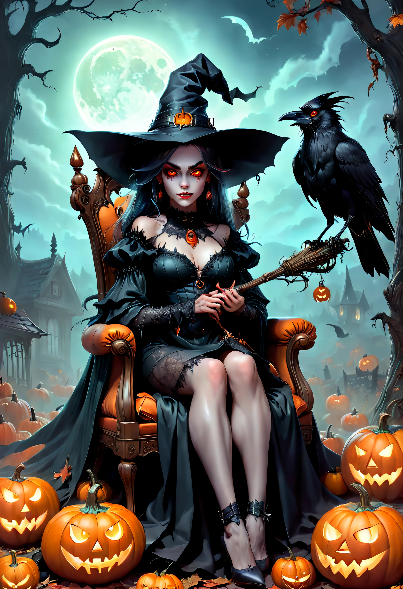（tmasterpiece）， （best qualtiy）， Forcing Allah righteousness，Surrealist school of detailing，photorealestic， ultra - detailed， 16K resolution，(Halloween:1.1),hag， 独奏，Front light， cinematric light， cold light， mistic，red - eyed，Meniscus，Red Moon，borgar，pumpkins，the bats，fanciful， pumkin，The witch sat in a cadillo chair，Holding a crow，Epic fantasy digital art style,, Rosla global lighting, Epic fantasy art style HD, artgerm julie bell beeple, artgerm and rossdraws, Fantasy wizard woman, Epic fantasy art style，gothic art style，dark fantasy style art, Epic fantasy art style,ultra-realistic realism，
