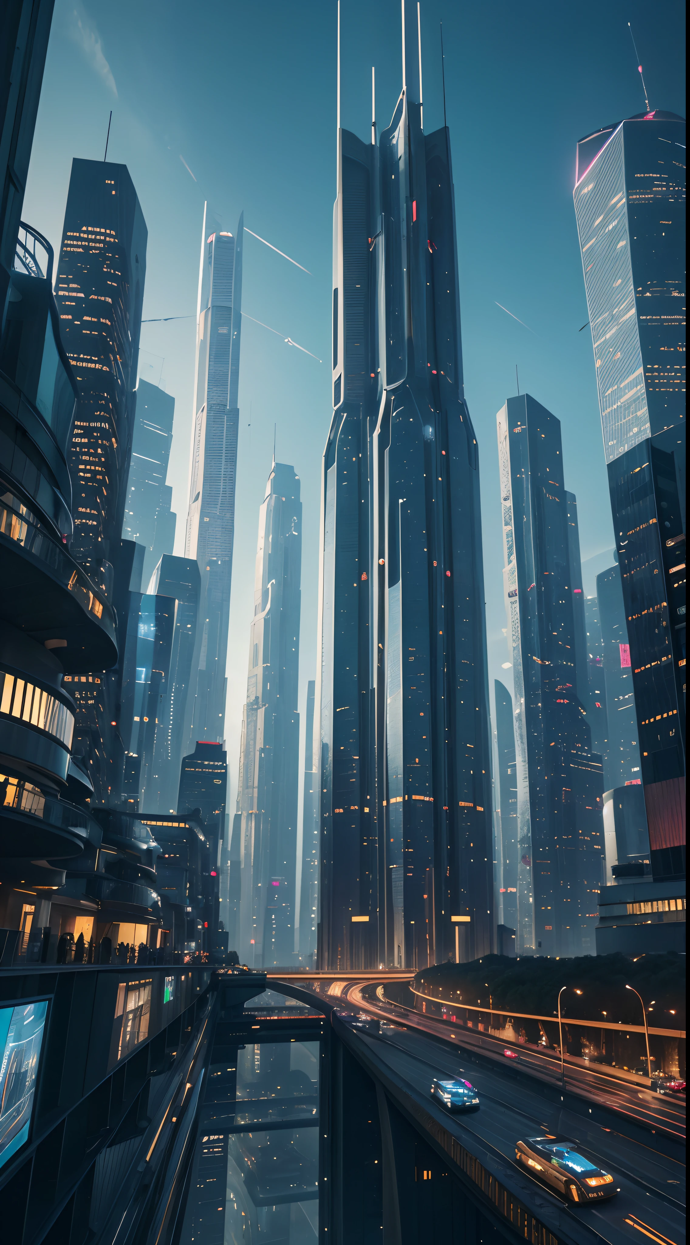 (best quality,4k,8k,highres,masterpiece:1.2),ultra-detailed,(realistic,photorealistic,photo-realistic:1.37),futuristic city,advanced architecture,giant skyscrapers,hovering vehicles,glowing neon lights,high-tech infrastructure,holographic displays,flying drones,central command tower,high-speed transportation network,transparent walkways,sleek and modern design,meticulous attention to detail,impressive scale,nighttime cityscape,illuminated by colorful lights,omniscient surveillance cameras,pulsating energy,innovative technology,robotic assistants,green spaces and gardens,picturesque parks,futuristic fashion,diverse and bustling crowd,expressive street art,multi-level transportation hubs,aerial monorails,automated systems,invisible force fields,imposing futuristic structures,a sense of awe and wonder,seamless integration of nature and technology,magnificent skyline,harmonious blend of tradition and innovation,harmony between humans and machines,vibrant and energetic atmosphere,limitless possibilities for exploration and adventure.