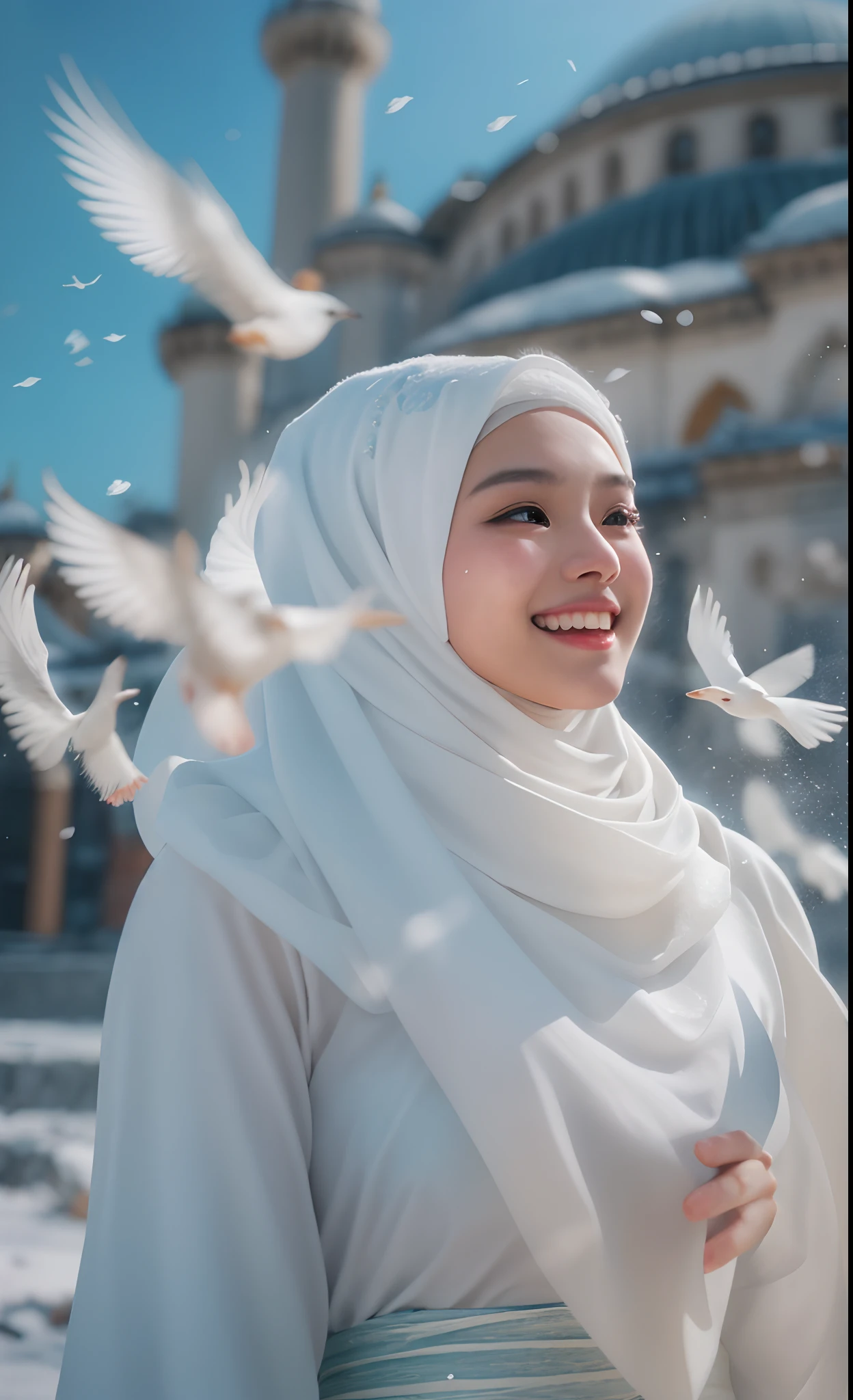 Best quality, 4K picture quality, 1 malay girl in hijab, white Hanfu, snow, long hijab fluttering in the wind, healing smile, large aperture, blurred background, blue mosque in background, lot of white birds flying above, 35mm, Over-the-shoulder shot, vibrant color grading, light leaks, starbursts, epic fantasy