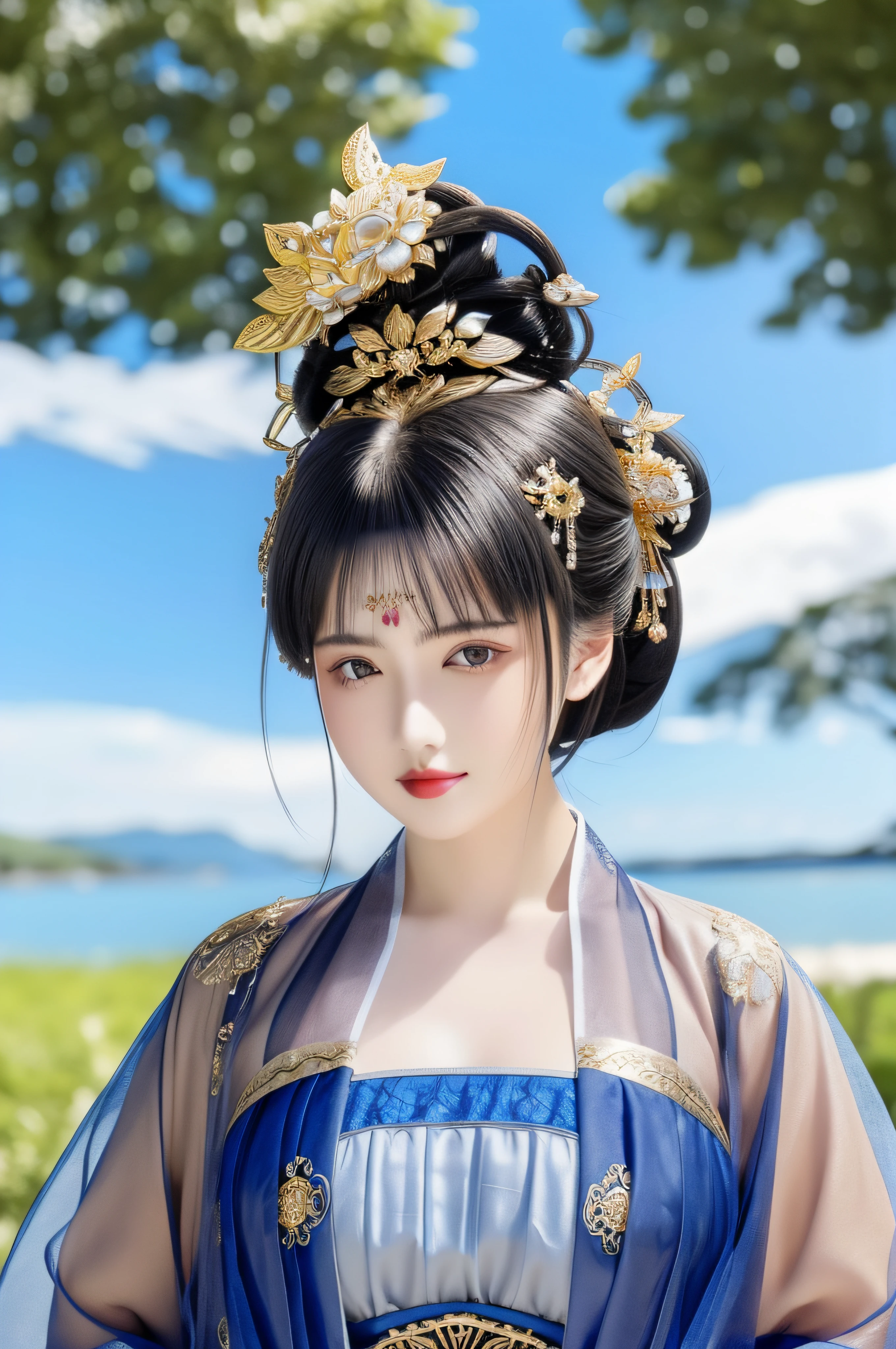 1girll, Solo, Masterpiece, Gorgeous metal style，Ultimate detail, Hair 1 cloud ice, Short hair, hair-bun, Big hair, Hair up, updo, A detailed eye, metal crown，Decorated with ornate stripes, floated hair, detail in face, Clothes made of silver, Clothes with gold lace, ,