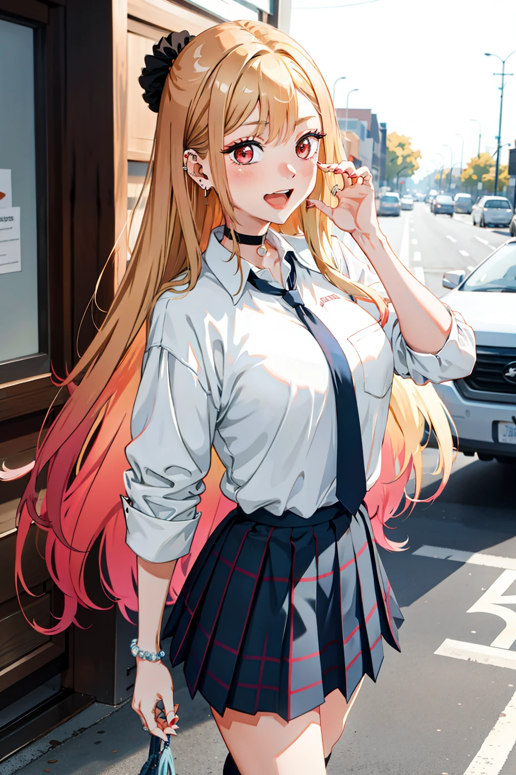 1girl,  Marin Kitagawa, long hair, blonde hair, red eyes, piercing, earrings, ear piercing, stud earrings, black choker, loose necktie,  school uniform, white collared shirt, (blue skirt:1.1), pleated skirt, plaid skirt, bead bracelet, wrist scrunchie, long fingernails, open mouth, smile, black socks, brown footwear,, (masterpiece:1.2), highres, best quality, 8k, very clear,