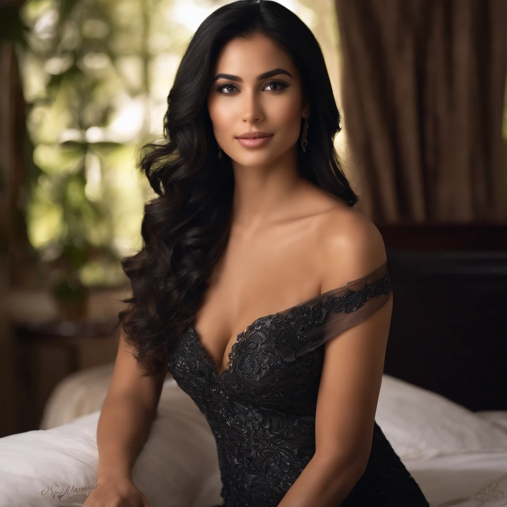 Photo of a stunning 22-year-old Latina, (RAW), with (medium-length, straight black hair), medium-sized bust, ((portrait)), ((Detailed face: 1.2)), ((Elaborate facial features)), (Finely detailed skin), fair complexion, casual style, in a feminine bedroom setting, (Cool tones), damp atmosphere, (masterpiece), (Perfect Proportion)(Realistic Photo)(top quality)(elaborate) Captured on a Canon EOS R5, 50mm Lens, F/2.8, HDR, (8k), (wallpaper), (cinematic lighting), (dramatic lighting), (Crisp Focus), (intricate), with a smiling face, a very beautiful woman. With style, she looks happily at the swaying of her smooth hair.