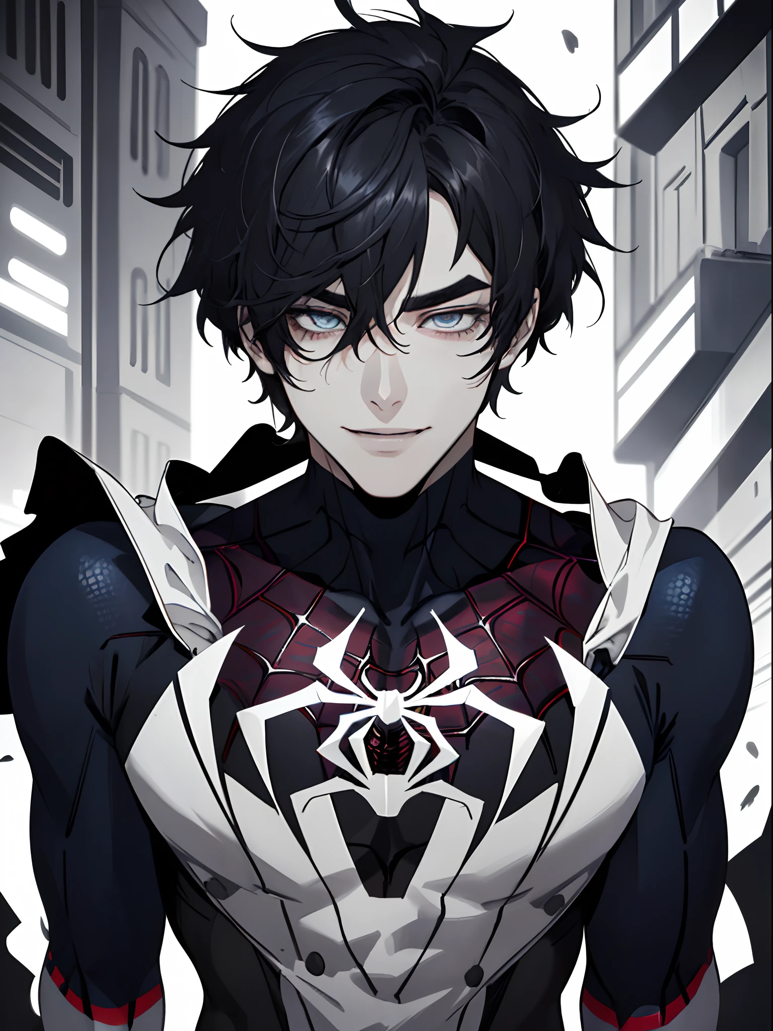 ((highest quality, masterpiece, 4k, finely detailed, detailed eyes, detailed face, dynamic lighting)), dynamic super hero pose, on rooftop ((solo)), 1 male, handsome, broad shoulders, smiling, looking at viewer ((lazy eyes, half-lidded, tired eyes, eyebags under eyes, dark eyes, thick eyebrows)), (((spider-man suit, black and white))), ((black hair, medium length hair, shaggy hairstyle, messy hair)