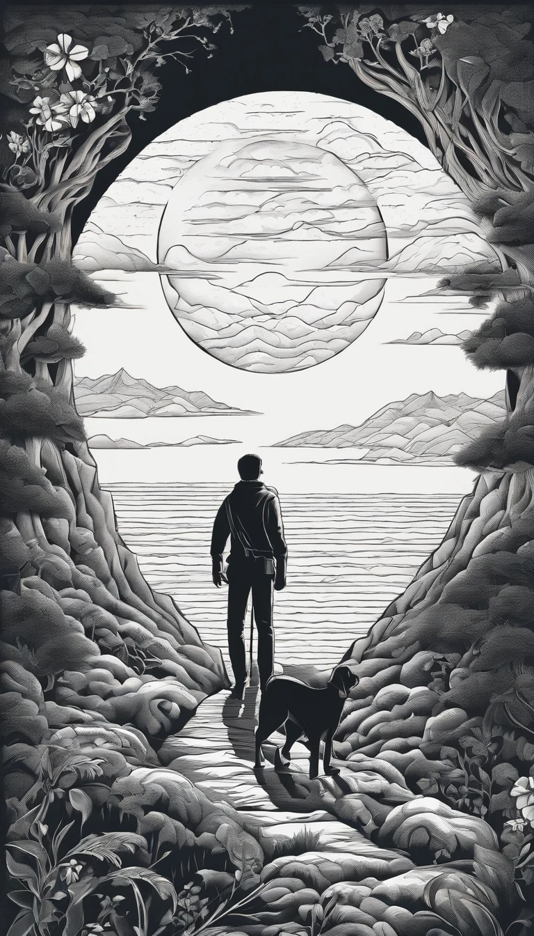 a young man stands on the edge of a cliff. He's gazing upwards toward the sky, unaware he's about to skip off a precipice into the unknown. Over his shoulder rests a modest knapsack. A white rose in his left hand. At his feet is a small white dog. The mountains behind The Fool symbolize the challenges yet to come.