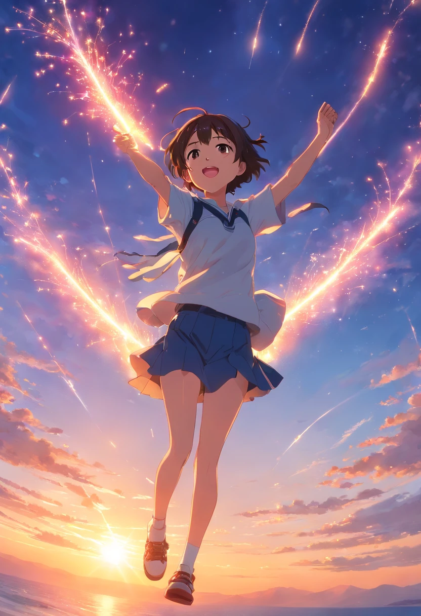 obra-prima, melhor qualidade, filme ainda, Teacher floating in the sky, Close-up, brilhante, Feliz, Soft lighting and Warm, sun sunset, (Sparks: 0,7)