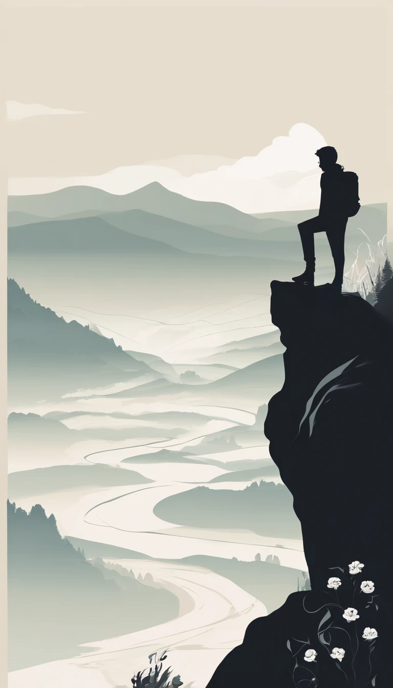 a young man stands on the edge of a cliff. He's gazing upwards toward the sky, unaware he's about to skip off a precipice into the unknown. Over his shoulder rests a modest knapsack. A white rose in his left hand. At his feet is a small white dog. The mountains behind The Fool symbolize the challenges yet to come.