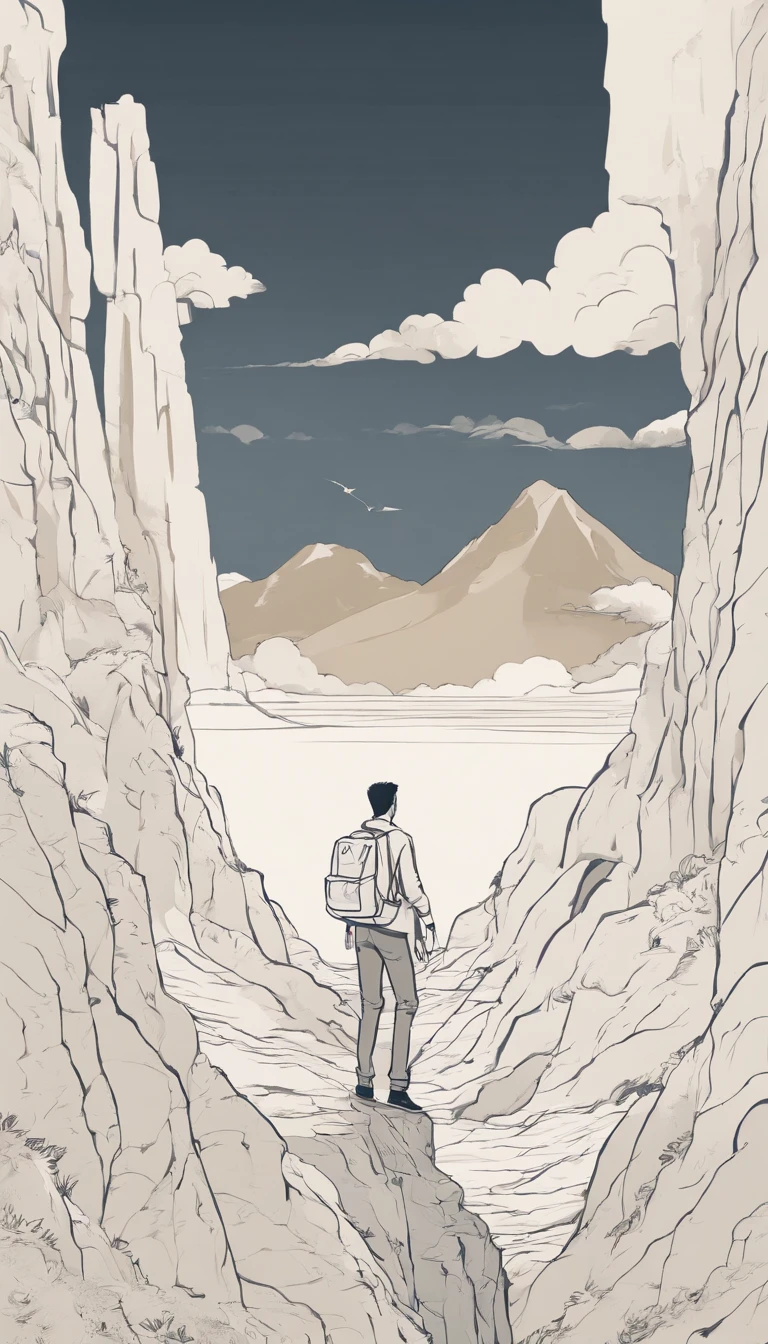 a young man stands on the edge of a cliff. He's gazing upwards toward the sky, unaware he's about to skip off a precipice into the unknown. Over his shoulder rests a modest knapsack. A white rose in his left hand. At his feet is a small white dog. The mountains behind The Fool symbolize the challenges yet to come.
