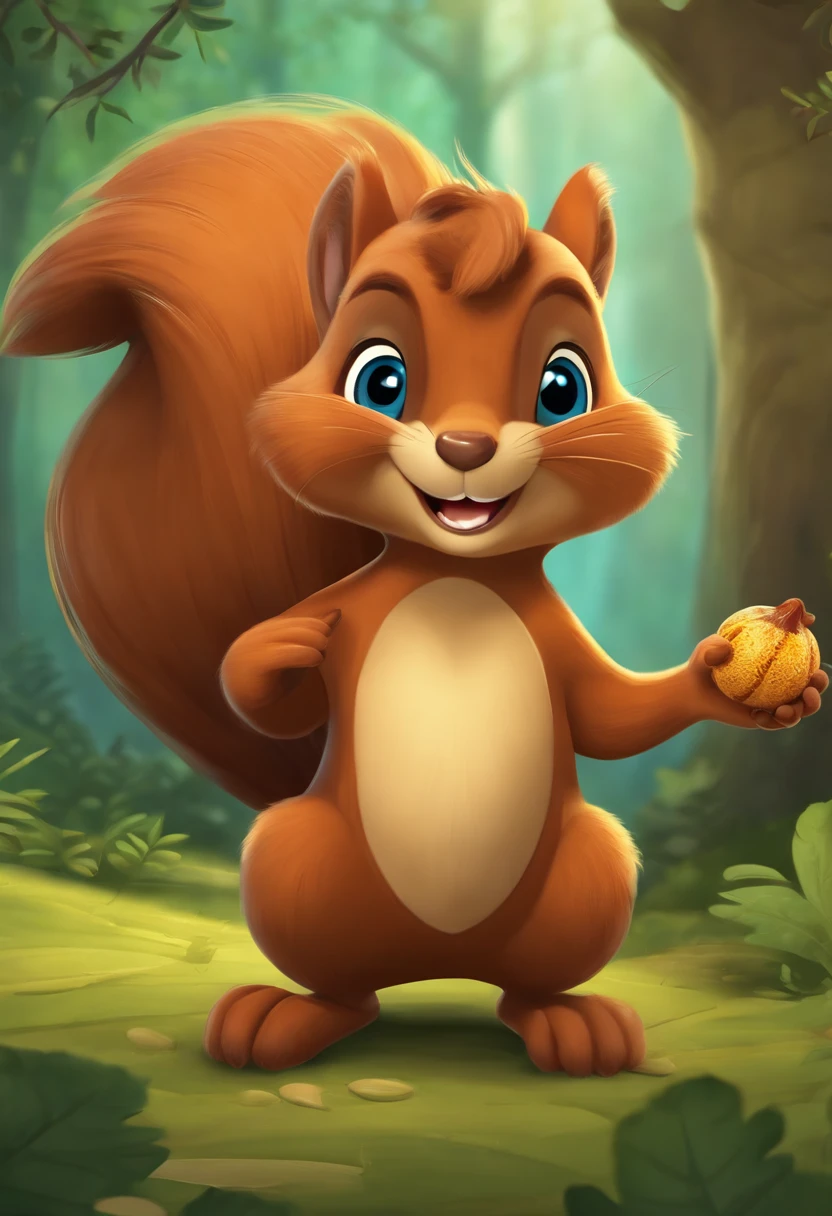 Cartoon Squirrel, Holding a nut , Gives a thumbs up, In the background is a dense forest, 1080x607, with талисман, Illustrations of the mascot, cute cartoon character, High School Mascot, Wear clothes , красивый кинематографический 32K реалистичный 3d