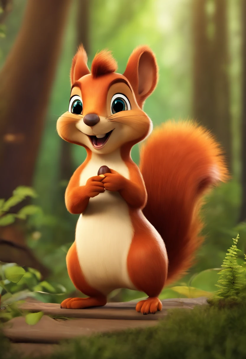 Cartoon Squirrel, Holding a nut , Gives a thumbs up, In the background is a dense forest, 1080x607, with талисман, Illustrations of the mascot, cute cartoon character, High School Mascot, Wear clothes , красивый кинематографический 32K реалистичный 3d