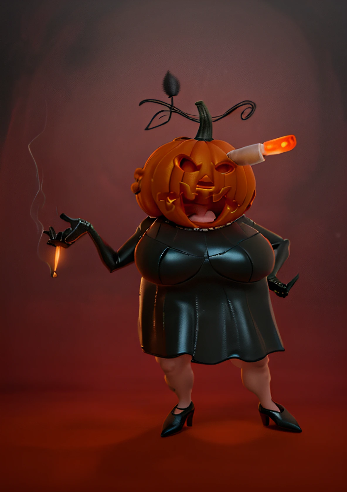 A face pumpkin, lighting into eyes and mouth, body woman, skin body natural, Halloween, black leather dress sexy, fantasy character, big tits, Cigarette in hand, High heel shoes, painting, illustration, don't show my sketches