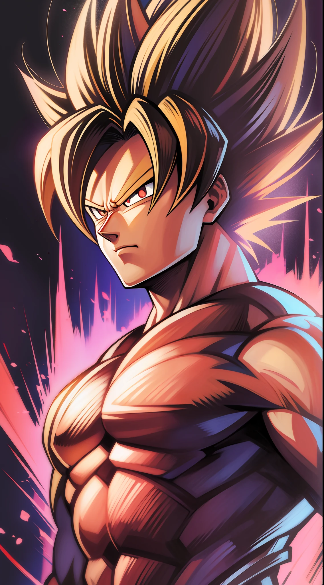 Son goku super sayajin looking at viewer, serious face. aura of power. Muscles. soft light. digital art. 90's anime traits