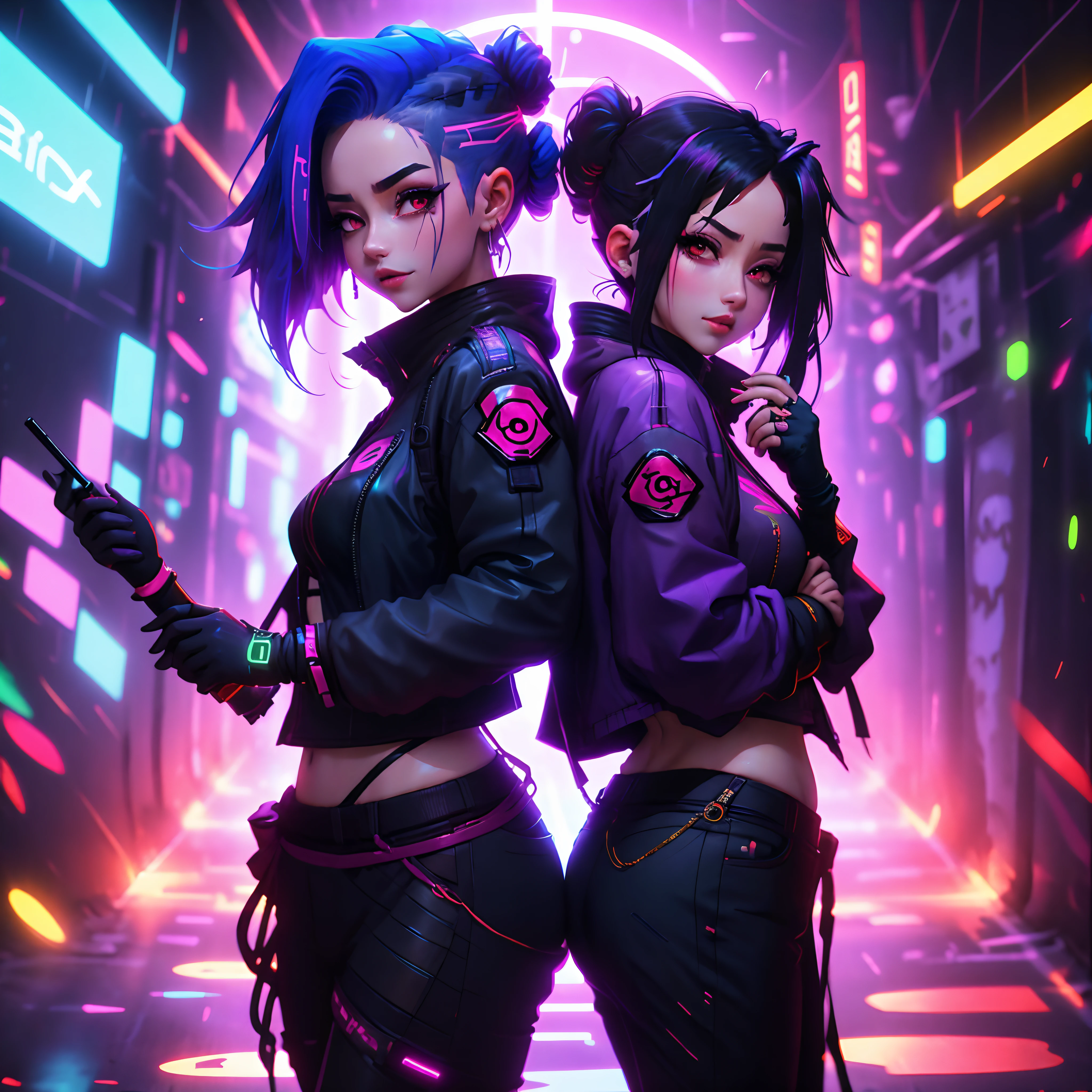 Jinx e Itachi Uchiha estavam em uma balada cyberpunk com neon roxo. Jinx tinha cabelos rosa vibrante e usava uma jaqueta de couro preta com detalhes azul neon. Ela estava animada e com um sorriso travesso. Itachi usava um terno preto com detalhes prateados e tinha olhos vermelhos intensos. They danced together, com Jinx cheia de energia e Itachi calmo. O ambiente estava envolto por nuvens de gelo seco neon roxo, Creating a magical atmosphere. As pessoas ao redor observavam fascinadas e registravam o momento com seus smartphones. Jinx and Itachi's dancing was graceful and full of life, cativando a todos na balada.