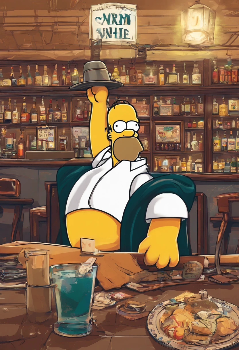 homer simpson vestido elegante con sombrero negro, junto a sus amigos con un cartel en la mano que dice "11 de Noviembre Gran Junte" de fondo el bar fr moe