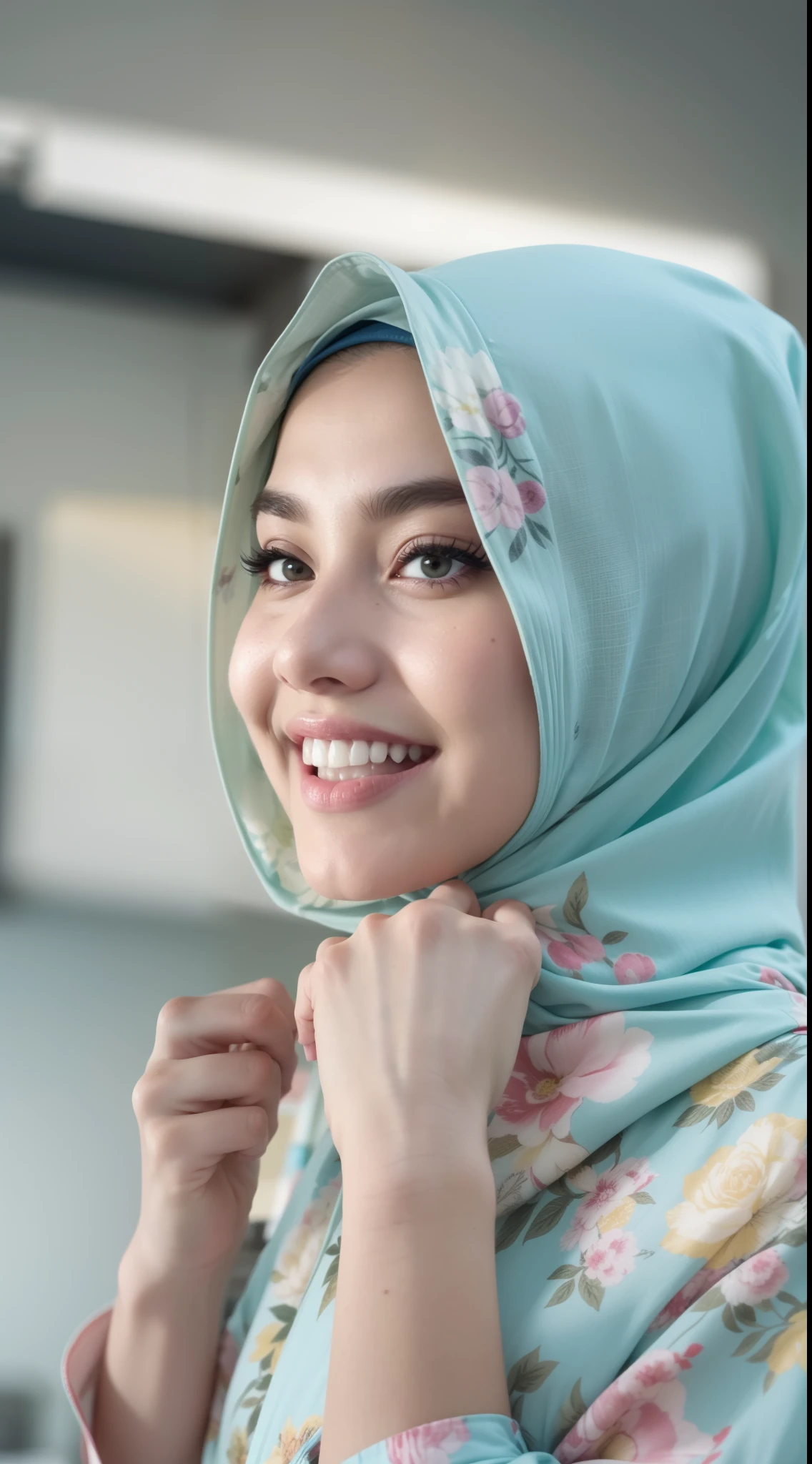 4 beautiful malay girl in pastel color hijab taking picture in modern kitchen, wear pastel blue and white floral pattern baju kurung, friendly and laughing situation, laughing, happy, modern pastel color kitchen, detailed skin texture, soft lighting, pastel color theme, 8mm, Close-up shot, cool-toned color grading, depth of field, film noir, high quality, ultra detail, 8k resolution,