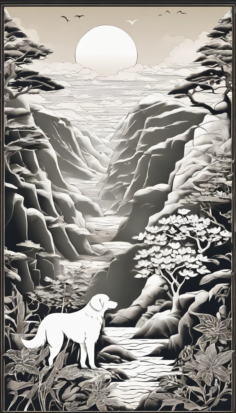 a young man stands on the edge of a cliff. He's gazing upwards toward the sky, unaware he's about to skip off a precipice into the unknown. Over his shoulder rests a modest knapsack. A white rose in his left hand. At his feet is a small white dog. The mountains behind The Fool symbolize the challenges yet to come.