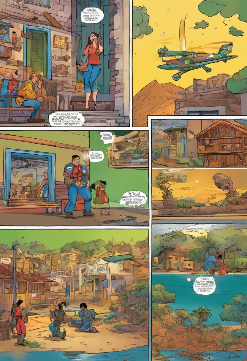Quadrinhos americanos, The comic is presented in several irregular panels with colors. A professora da aula para seus alunos. The style is exaggerated and detailed