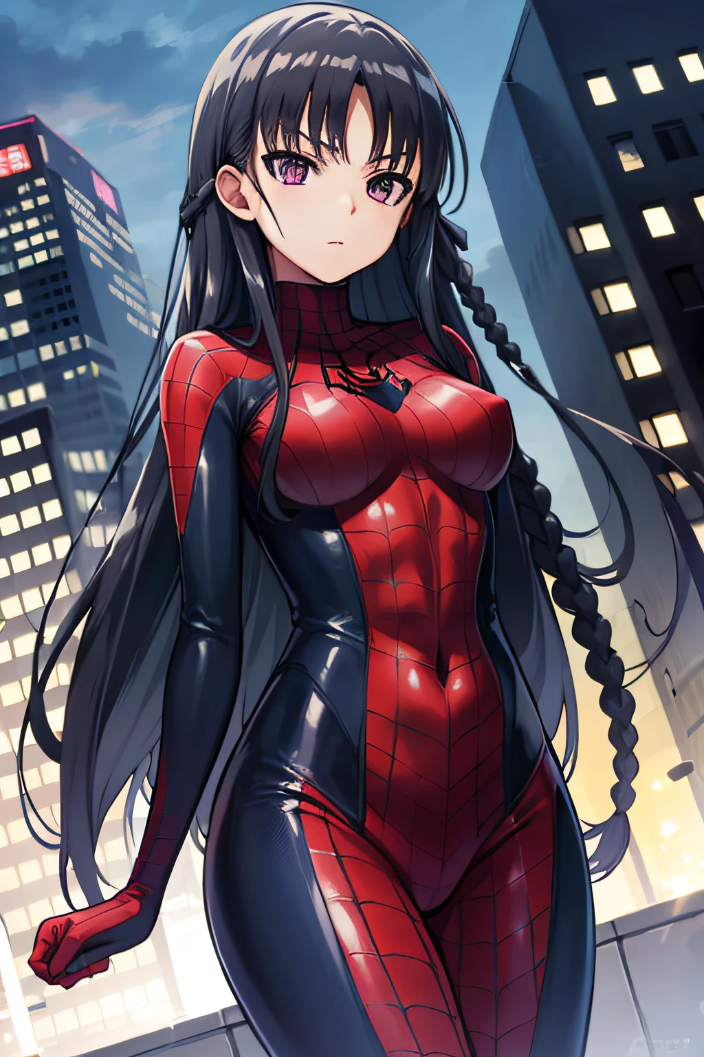 suzunehorikita, suzune horikita, black hair, braid, long hair, (purple eyes:1.1), in spiderman suit, in the city, best quality, high resolution, unity 8k wallpaper