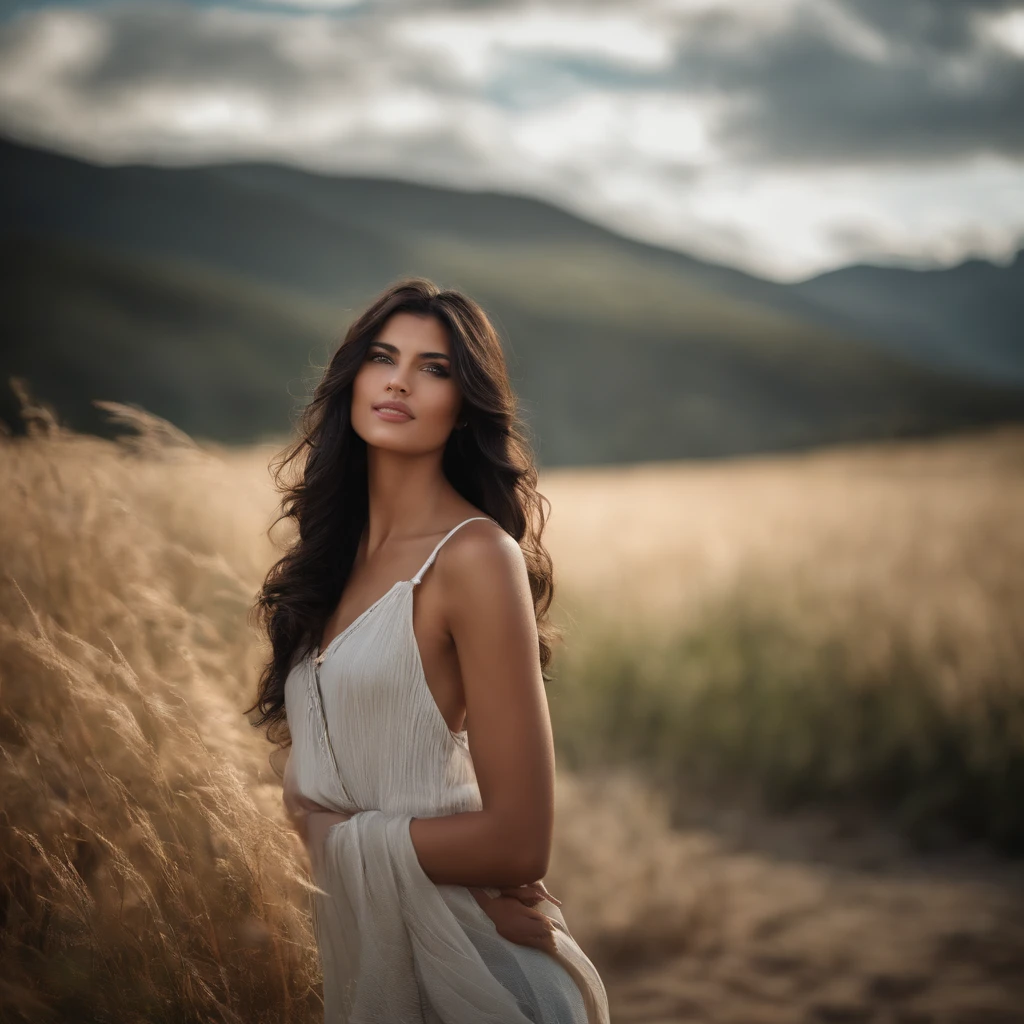Photo of a stunning 22-year-old woman, (RAW), with (medium-length, straight black hair, meticulously straightened), medium-sized bust, ((portrait)), ((Detailed face: 1.2)), ((Elaborate facial features)), (Finely detailed skin), fair complexion, casual style, in an outdoor setting with wind in her hair, (Cool tones), damp atmosphere, (masterpiece), (Perfect Proportion)(Realistic Photo)(top quality)(elaborate) Captured on a Canon EOS R5, 50mm Lens, F/2.8, HDR, (8k), (wallpaper), (cinematic lighting), (dramatic lighting), (Crisp Focus), (intricate), with a smiling face, a very beautiful woman. With style, she looks joyfully at the sway of her smooth hair in the breeze.