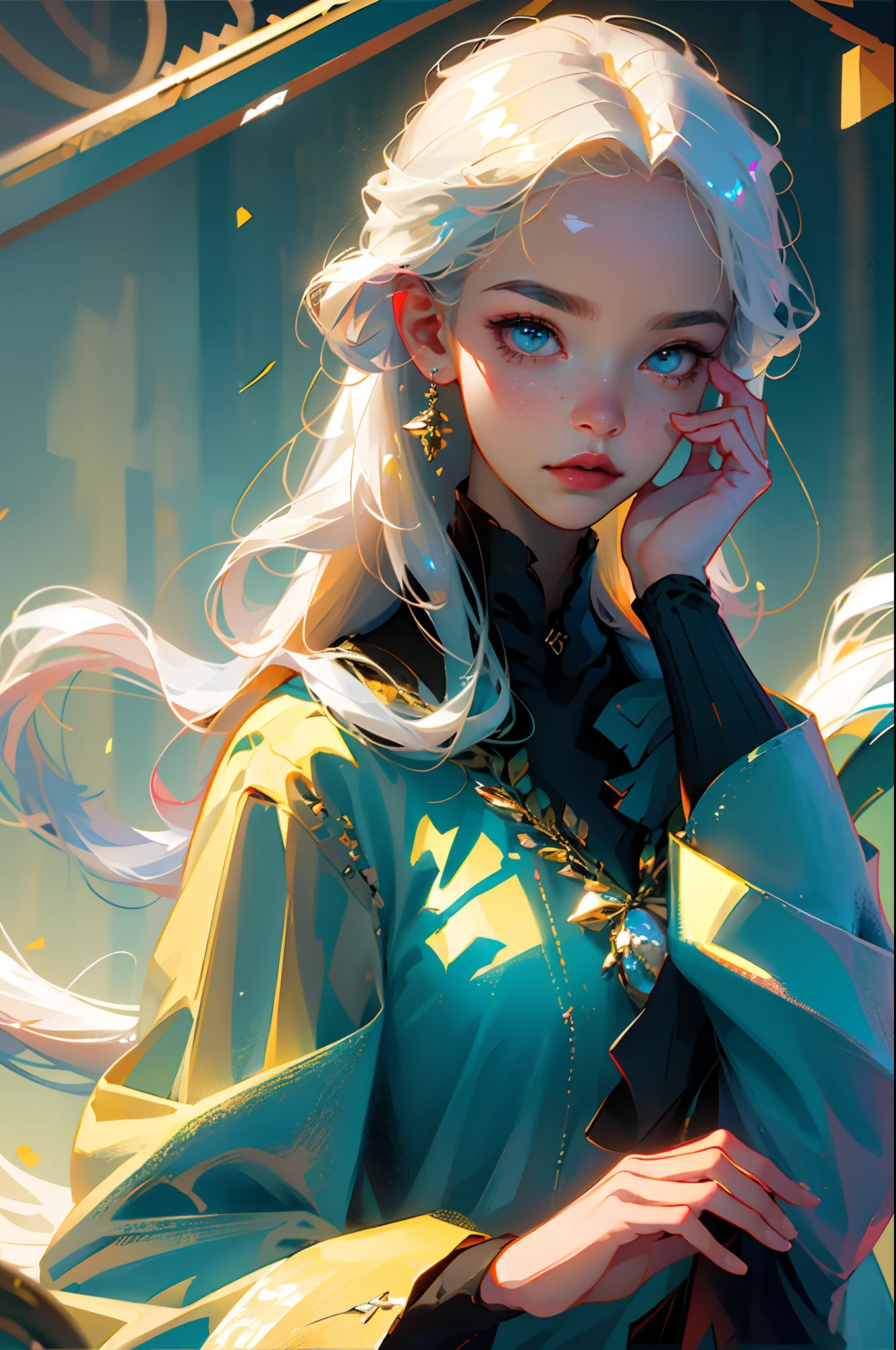 With long hair、Beautiful woman with sparkling silver eyes。Wearing a flowing dress、Exude an enchanting atmosphere。