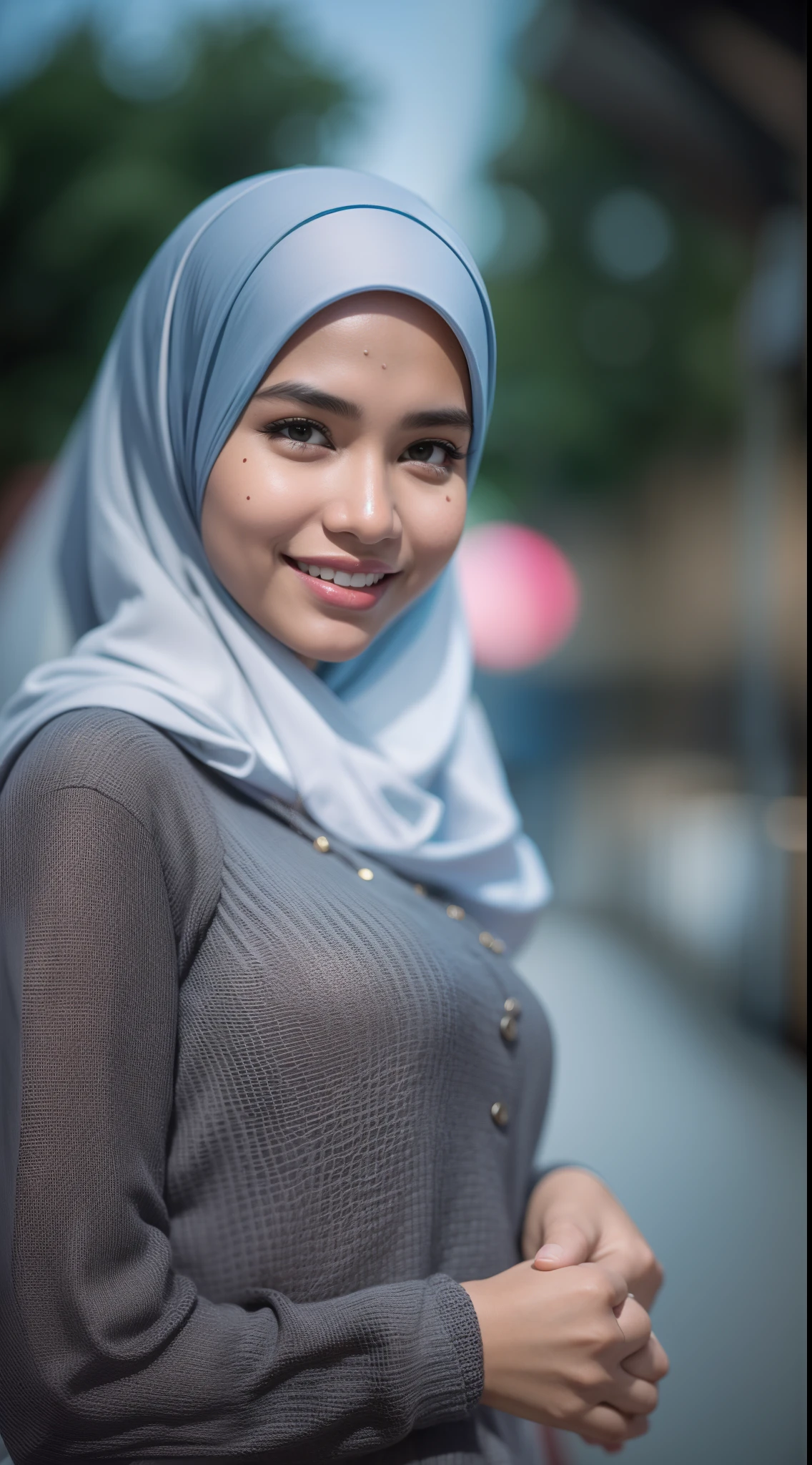 Malay girl in hijab wear plain baju kurung malaysia in college, wear back pack, front view, detail skin, detail skin texture, mole below eyes, small breast, big hip, big waist, big thigh, slim abs, beautiful body, nighttime, laughing, happy, bright lighting, college student in background, crowded college, blur background, bokeh, 8mm, Close-up shot, cool-toned color grading, depth of field, film noir,