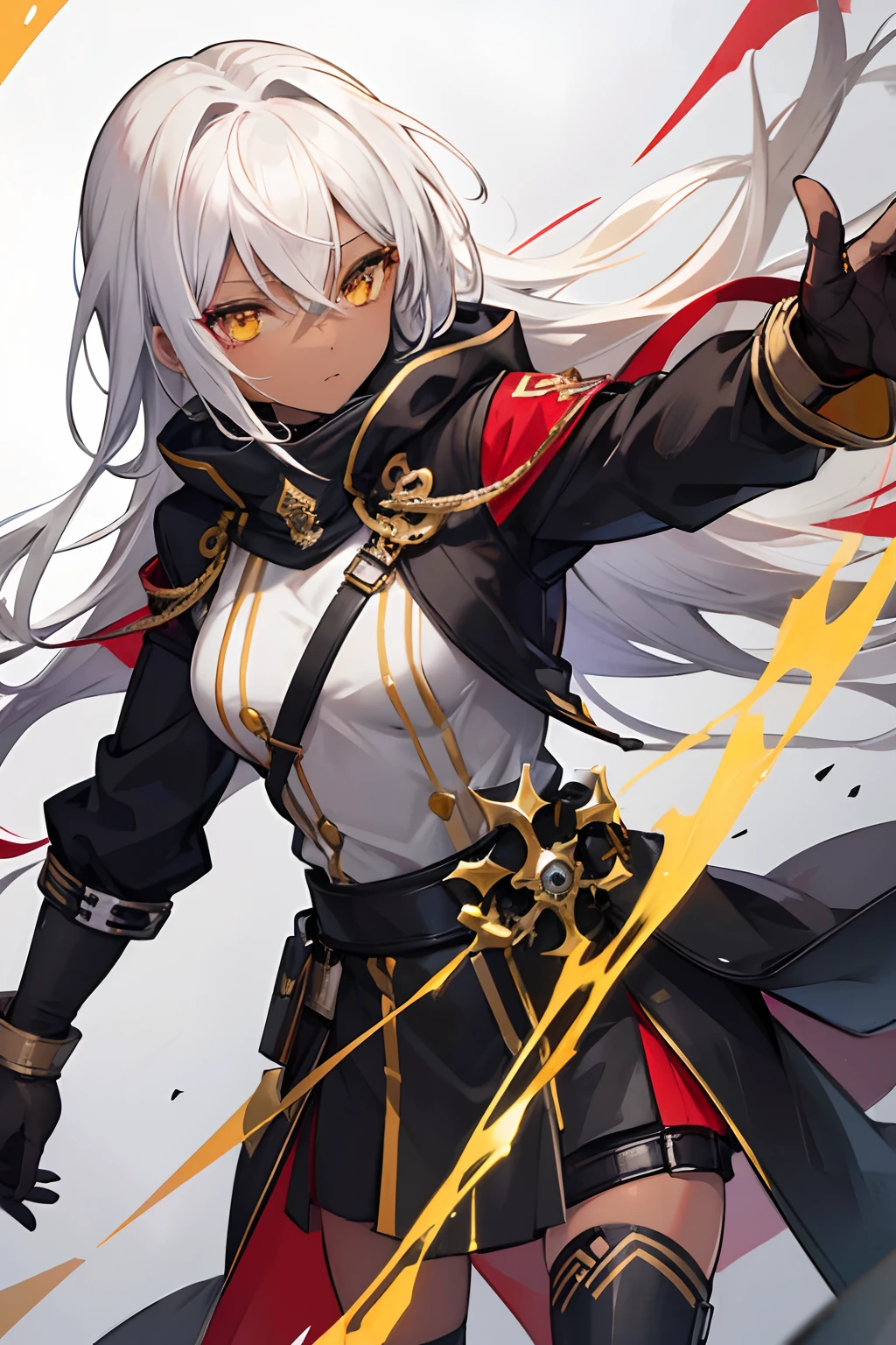 1 Girl, ((Dark Skinned)), Golden eyes, Greyish Yellow Hair, Black overcoat with Red accents, Nomad, Chief Guard of academy,