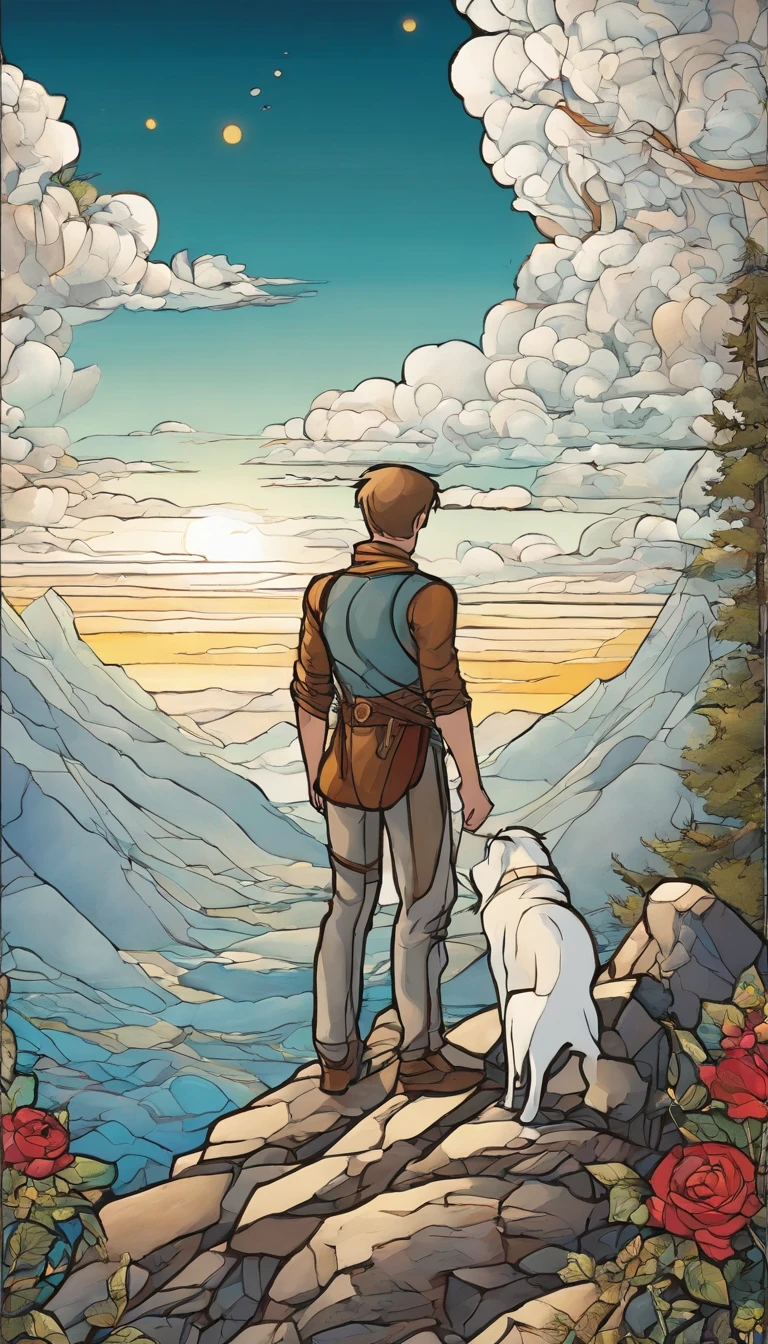 a young man stands on the edge of a cliff. He's gazing upwards toward the sky, unaware he's about to skip off a precipice into the unknown. Over his shoulder rests a modest knapsack. A white rose in his left hand. At his feet is a small white dog. The mountains behind The Fool symbolize the challenges yet to come.