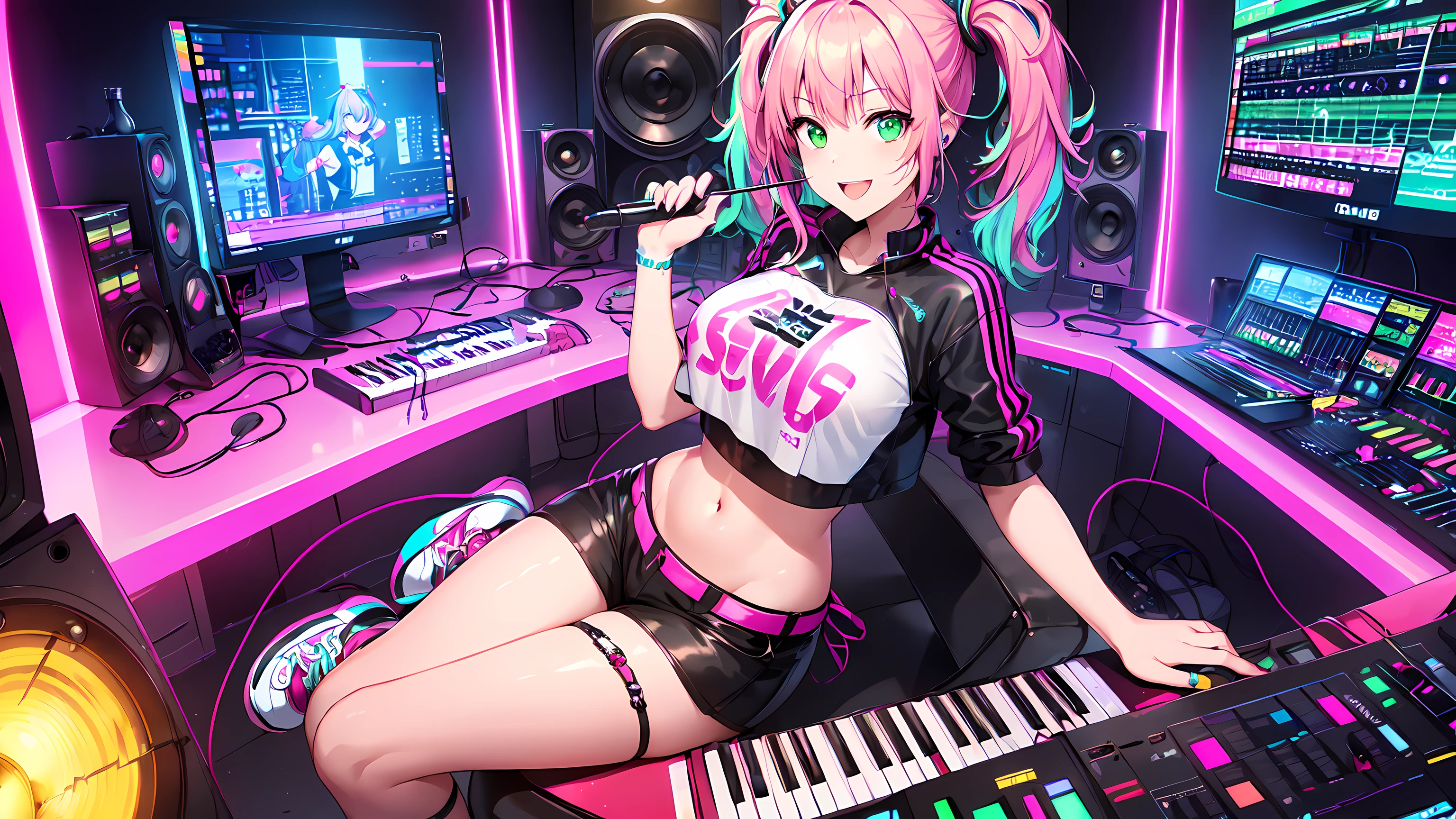 masterpiece, 1girl ((20year old, dressed in cyberpunk street attire, crop top exposes navel, sneakers, medium breasts, multicolor pink hair, twin ponytails, perfect model body, green eyes:1.4, flirting, happy, big smile, sitting in a music studio:1.1, creating music in a music recording studio, neon and energetic atmosphere:1.2)) ((solo:1.6))