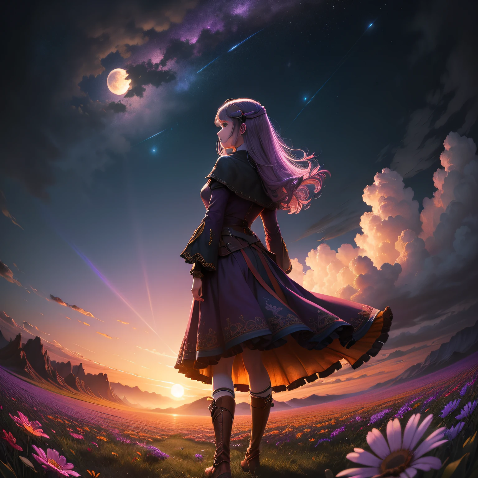 A wide landscape photo, (viewed from below, the sky is above, and the open field is below), a girl standing on a flower field looking up, (full moon: 1.2), (meteor: 0.9), (nebula: 1.3), distant mountains , Trees BREAK Crafting Art, (Warm Light: 1.2), (Firefly: 1.2), Lights, Lots of Purple and Orange, Intricate Details, Volumetric Lighting BREAK (Masterpiece: 1.2), (Best Quality), 4k, Ultra Detailed, (Dynamic Composition: 1.4), Rich in Detail and Color, (Rainbow Color: 1.2), (Glow, Atmospheric Lighting), Dreamy, Magical, (Solo: 1.2)