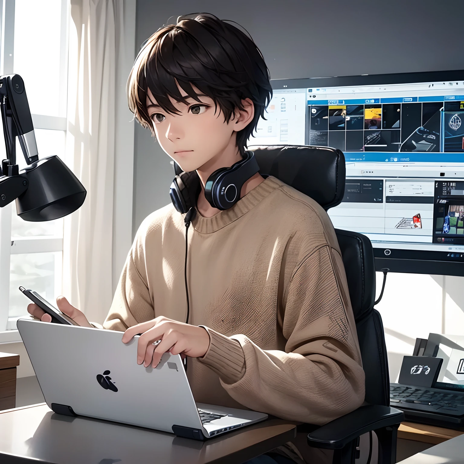 a teenage boy who was a successful smartphone designer at a young age is using a headset and wearing a sweater, in front of a tablet while working on an editing project in his studio.masterpiece,best quality