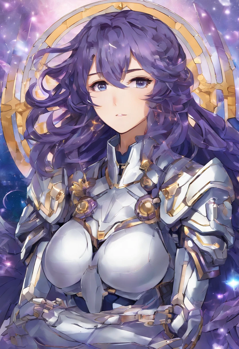 anime big breast,femele,cabellos largos dorados,Slightly curly hair,Purple eye,Starry Sky Grey Paladin armor,With white and dark blue accents