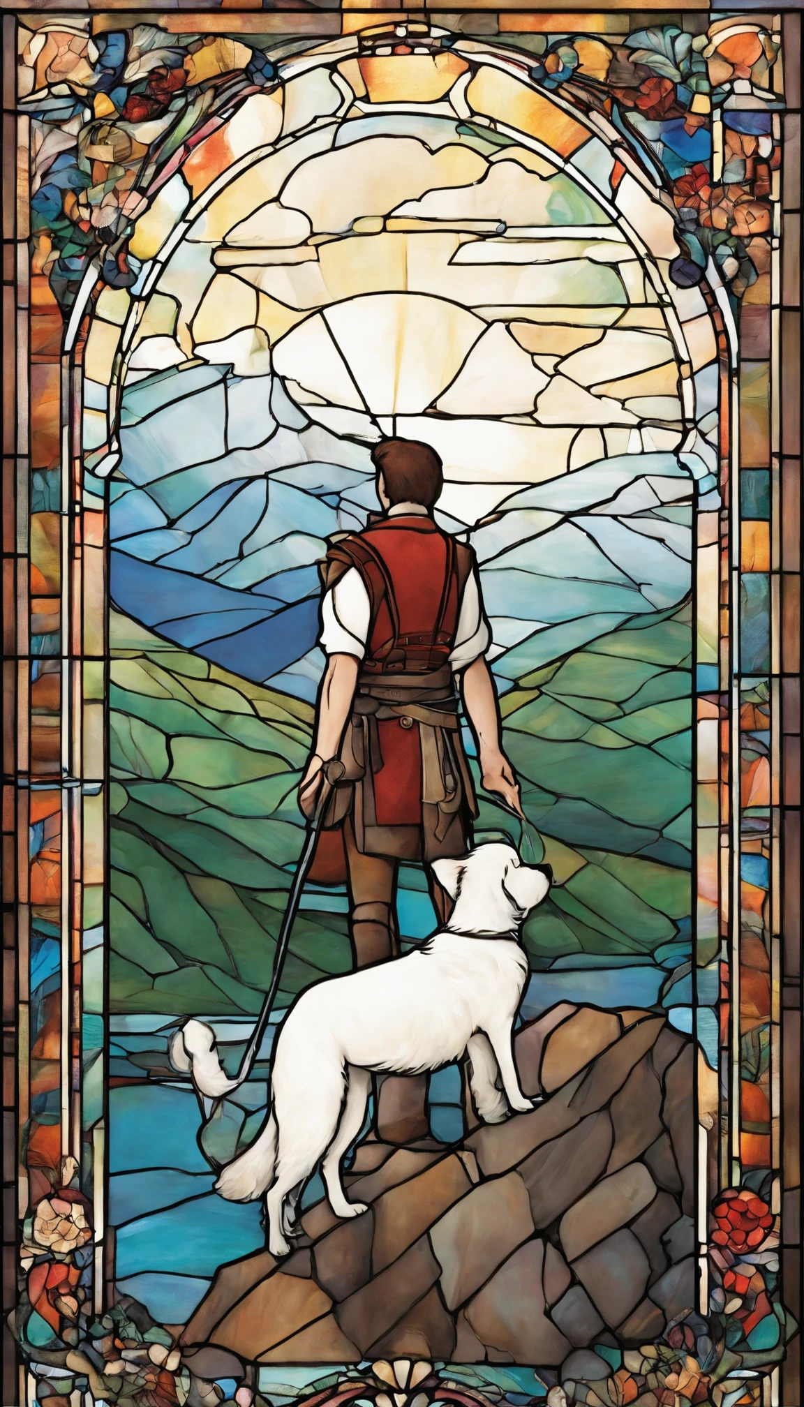 a young man stands on the edge of a cliff. He's gazing upwards toward the sky, unaware he's about to skip off a precipice into the unknown. Over his shoulder rests a modest knapsack. A white rose in his left hand. At his feet is a small white dog. The mountains behind The Fool symbolize the challenges yet to come.