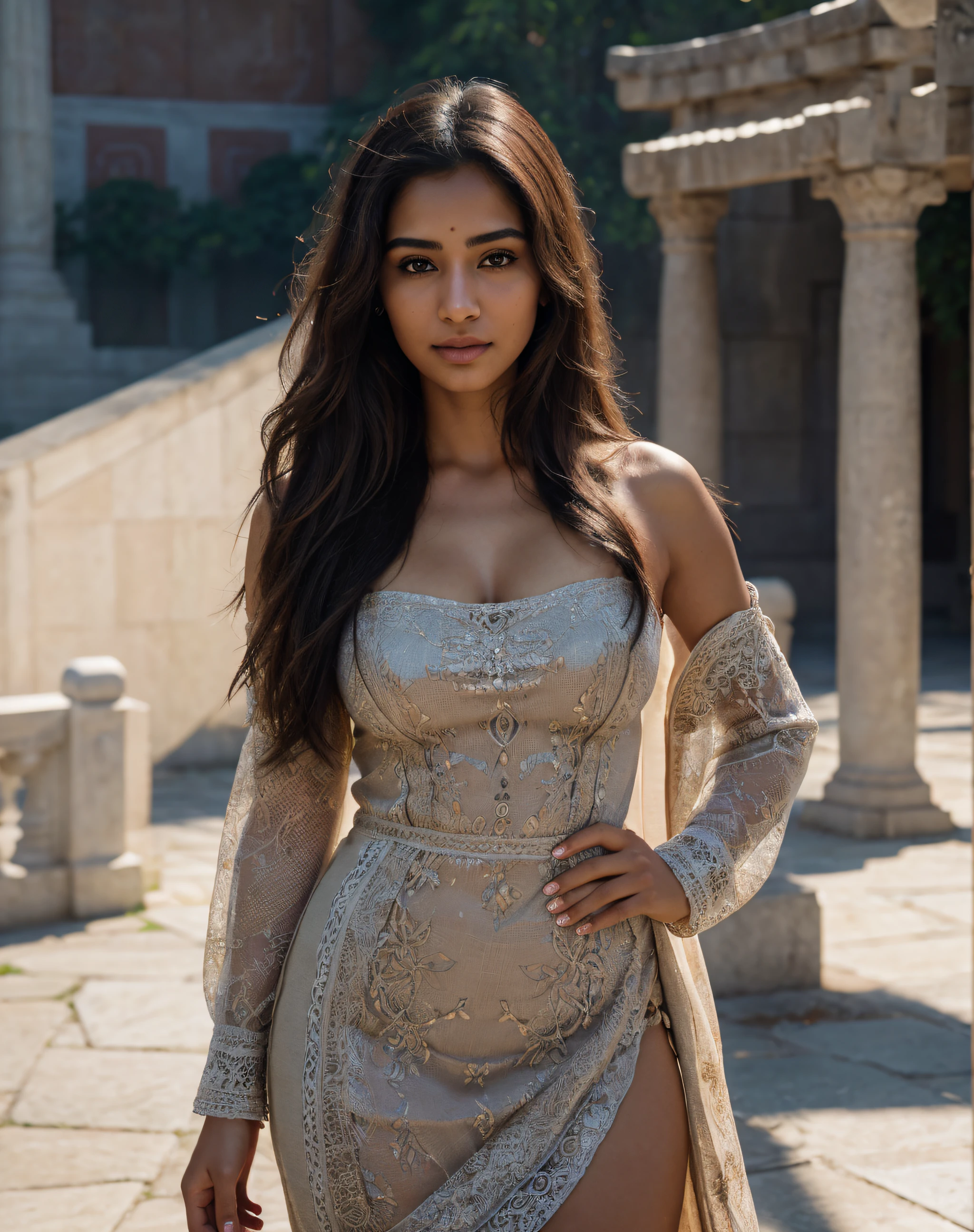 Beauty standing in front of the temple, 1 girl, a 27-year-old Indian woman, absolute beauty, long hair, wearing a fashion dress, different posing styles, looking at the viewer, ultra-realistic, hyper-realistic, ultra-detailed, hyper-detailed, 35mm F/28, hyper-detailed full body shot of a woman, nice face, smile, sexy body, aesthetic body, rich colors, face focused, 8K, HD Crisp Upscale, realistic lying， RAW photography， best quality： 1.4, temple on the background , Beautiful details eye, , thick thighs, wide hips, long hair, High-detailed, perfectly located eyes, perfect eyes, photographed on a Canon EOS R5, 50mm lens, F/2.8, HDR, (cinematic lighting), (dramatic lighting), (sharp focus), (intricate), fashion, realistic skin texture, (( perfect anatomy)), ((detailed face:1.2)), ((detailed facial features)), (finely detailed skin), masterpiece), (perfect proportion), (realistic photo), (best quality: 1.6), (detailed),