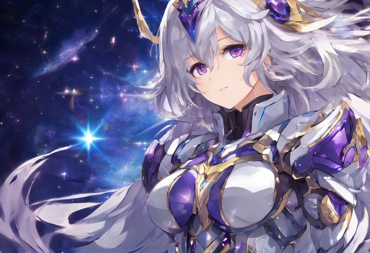 anime big breast，femele，cabellos largos dorados，Slightly curly hair，Purple eye，Starry Sky Grey Paladin armor，With white and dark blue accents