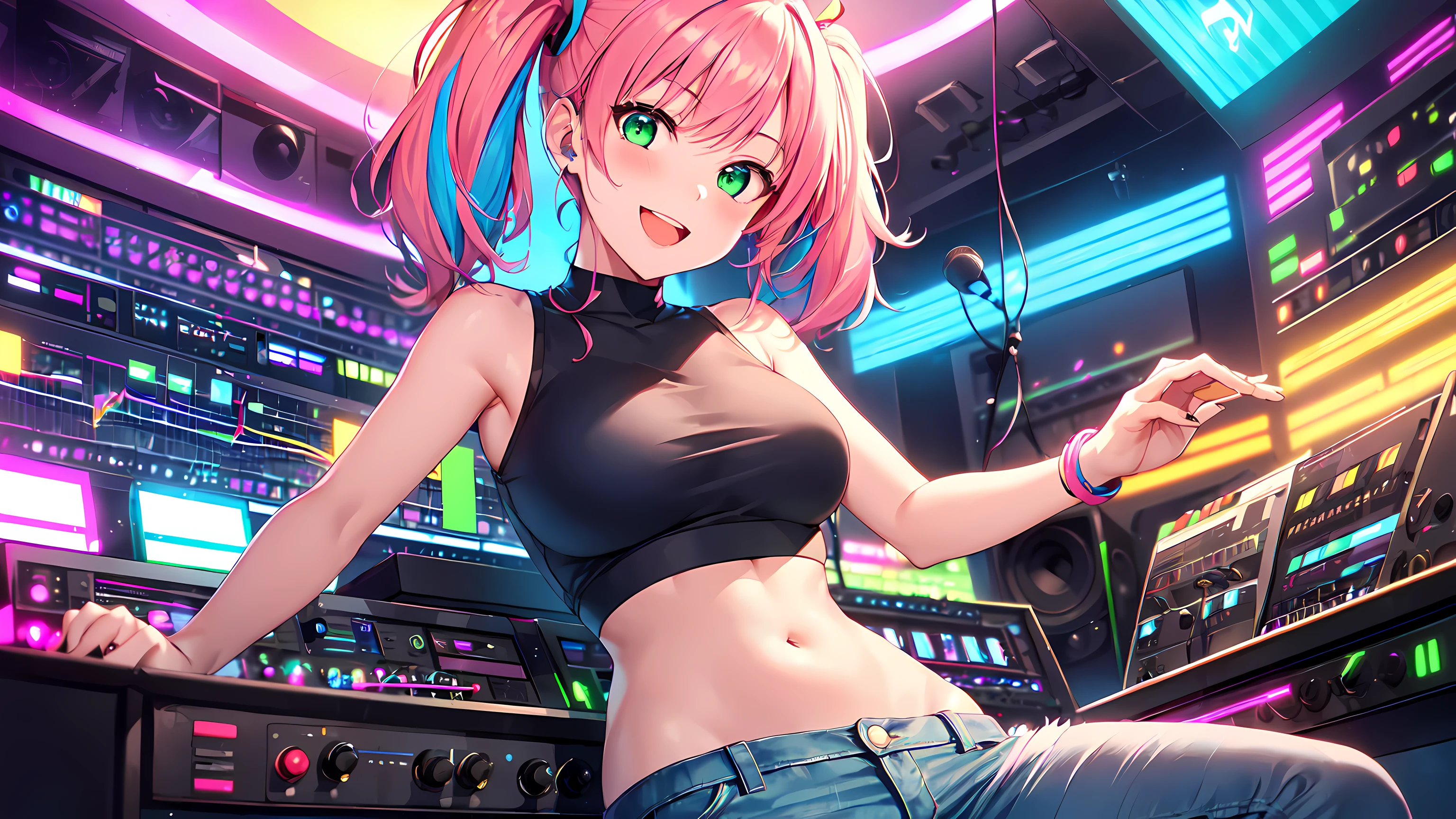 masterpiece, 1girl ((20year old, dressed in crop top exposes navel, tight blue jeans, sneakers, medium breasts, multicolor pink hair, twin ponytails, perfect model body, green eyes:1.4, flirting, happy, big smile, sitting in a music studio:1.1, creating music in a music recording studio, neon and energetic atmosphere:1.2)) ((solo:1.6))