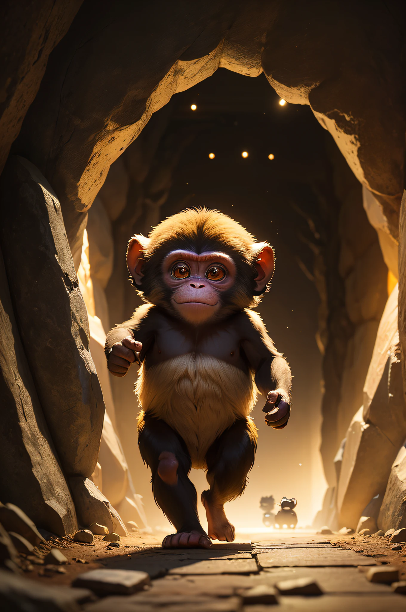 The monkey decided to go into the cave to find out, It cautiously walked down the dark tunnel。sudden, A flash of golden light flashed, The monkey saw a huge brass drum。（Cartoony, Little monkey, Dark tunnel, gold light, Huge stone drums） --auto