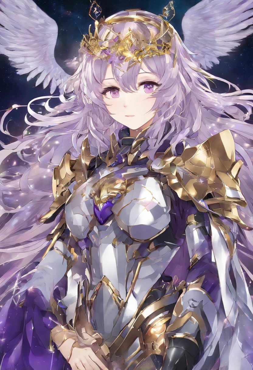 anime big breast,femele,cabellos largos dorados,Slightly curly hair,Purple eye,Starry Sky Gray Knight Armor,Gold and purple filters