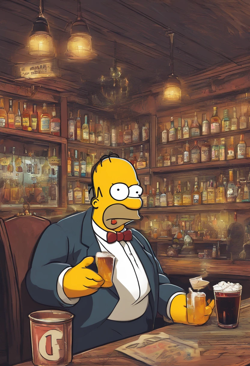 Homer Simpson dressed elegantly with a black hat, along with his friends in the background of the bar moe