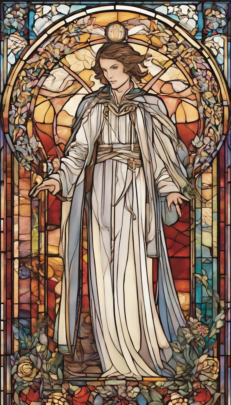 A magician stands with one arm stretched upwards towards the Universe, and the other pointing down to the earth. The Magician’s robe is white, and his cloak is red. On a table in front of him are a cup, pentacle, sword and wand. Above his head is the infinity symbol, and around his waist is a snake biting its own tail. in the foreground is an array of foliage and flowers, highly detailed