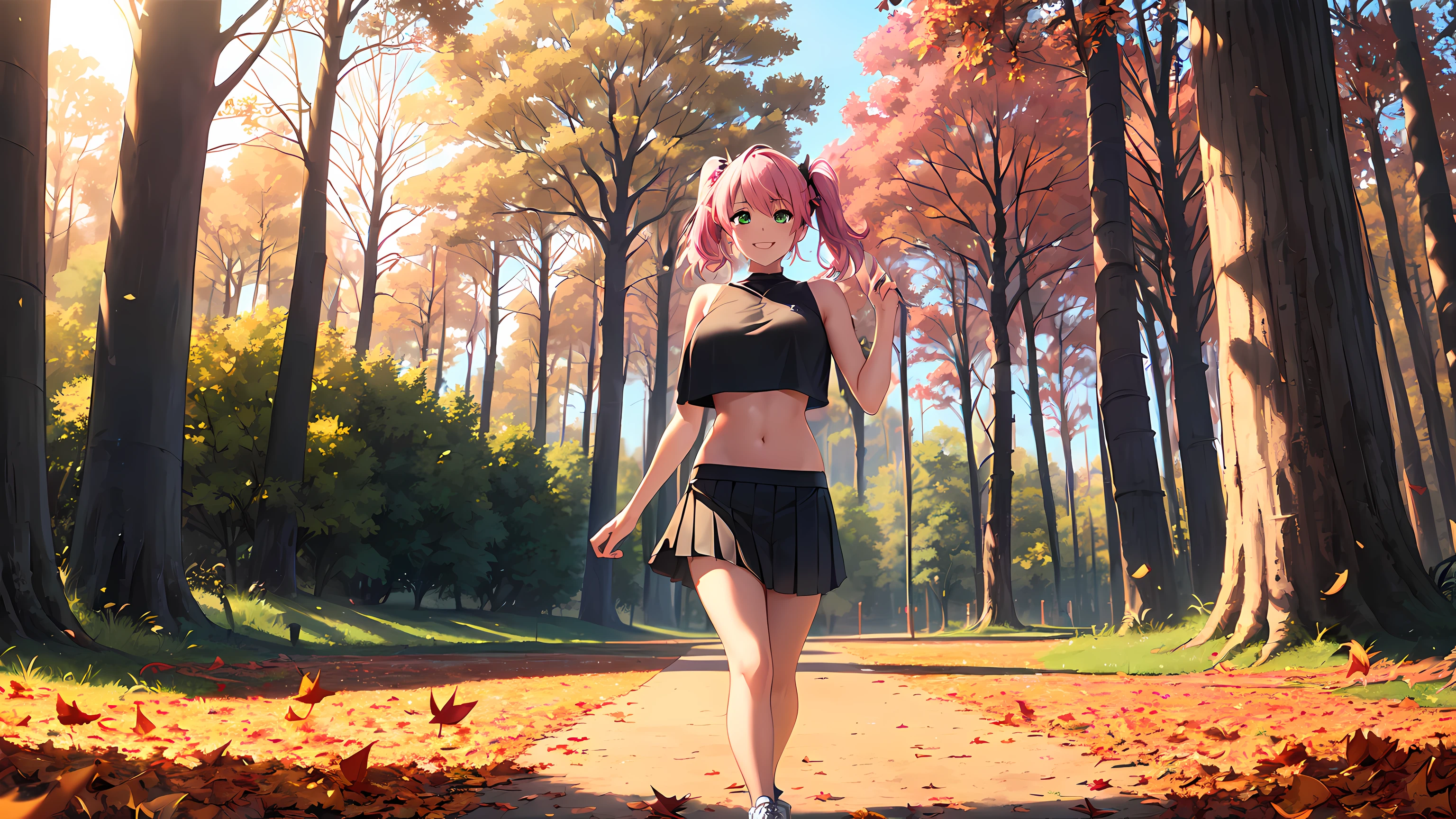 masterpiece, 1girl ((20year old, dressed in short black skirt, crop top exposes navel, sneakers, medium breasts, multicolor pink hair, twin ponytails, perfect model body, green eyes:1.4, flirting, happy, big smile, walking in a park during the autumn season:1.3, tall trees and falling leaves in background:1.2, relaxing atmosphere:1.2)) ((solo:1.6))