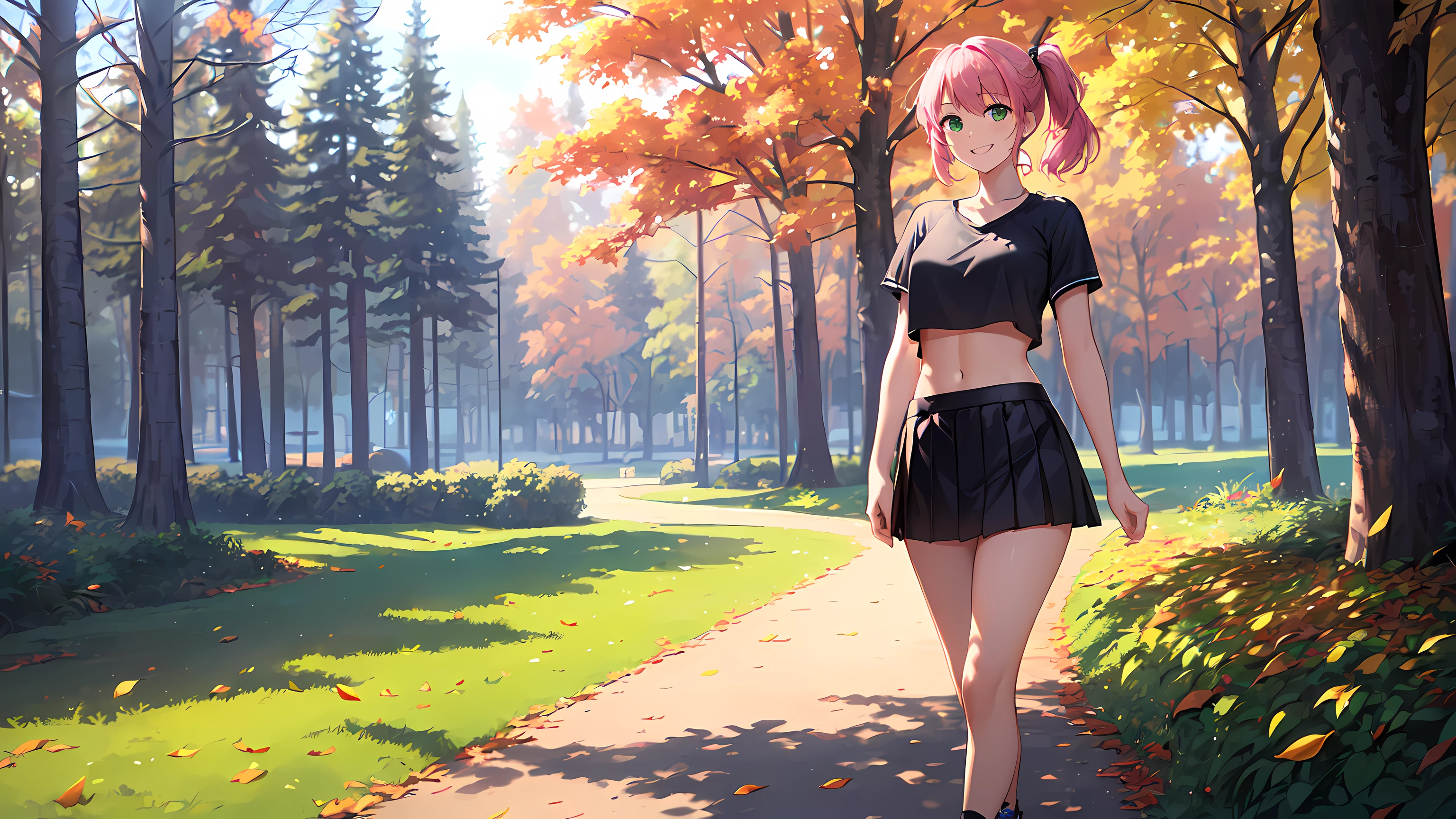 masterpiece, 1girl ((20year old, dressed in short black skirt, crop top exposes navel, sneakers, medium breasts, multicolor pink hair, twin ponytails, perfect model body, green eyes:1.4, flirting, happy, big smile, walking in a park during the autumn season:1.3, tall trees and falling leaves in background:1.2, relaxing atmosphere:1.2)) ((solo:1.6))