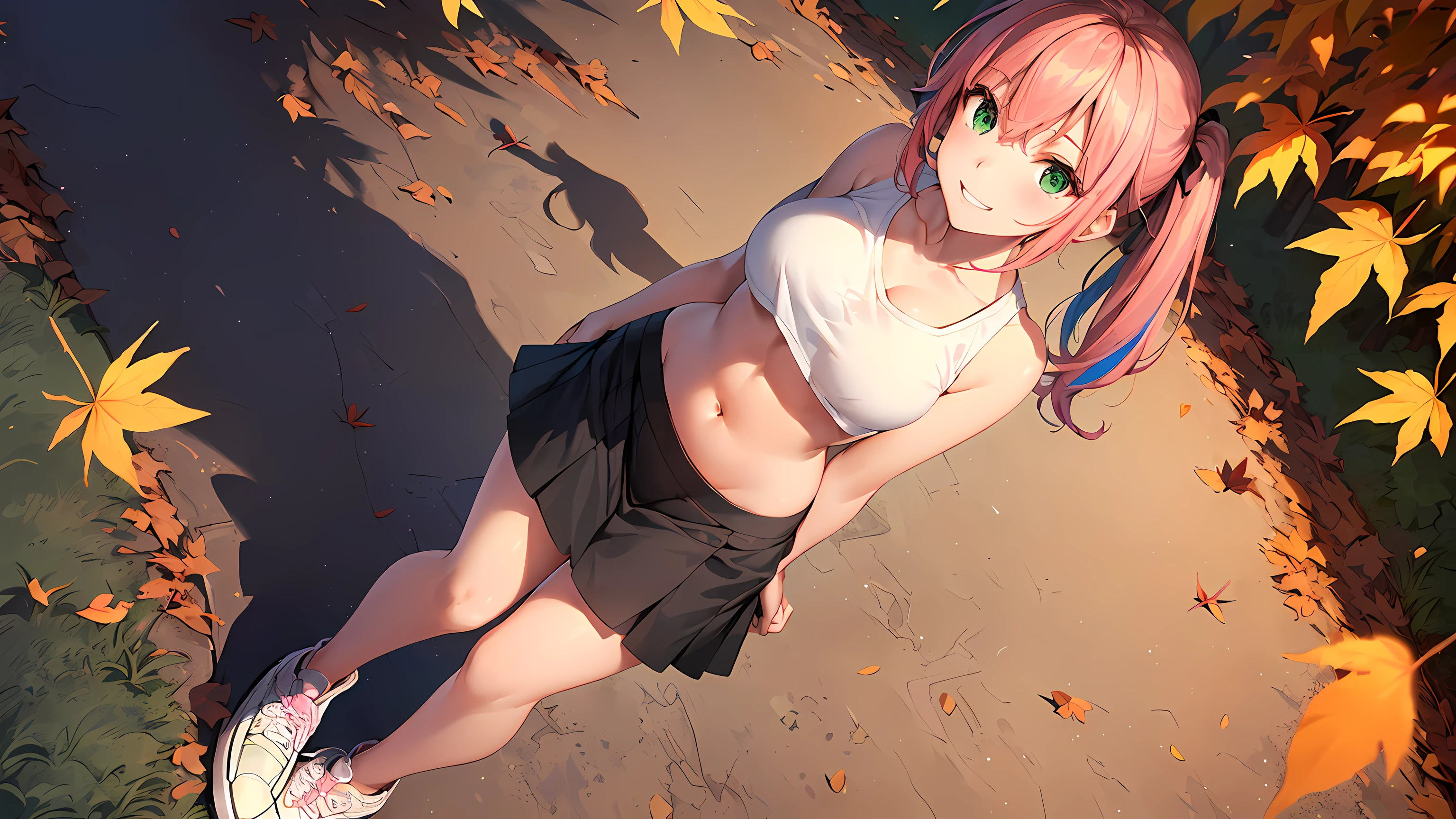 (masterpiece), best quality, (SHARP details), 4k, (SHARP detail perfect face), short hair, pink hair, nice ass, outdoors, sweat, (slutty clothes), detailed skin, ((visible  boy)), (female facial expression: lewd, open mouth), full body shot, (wearing (tight tank top) and (hotpants)), visible navel,