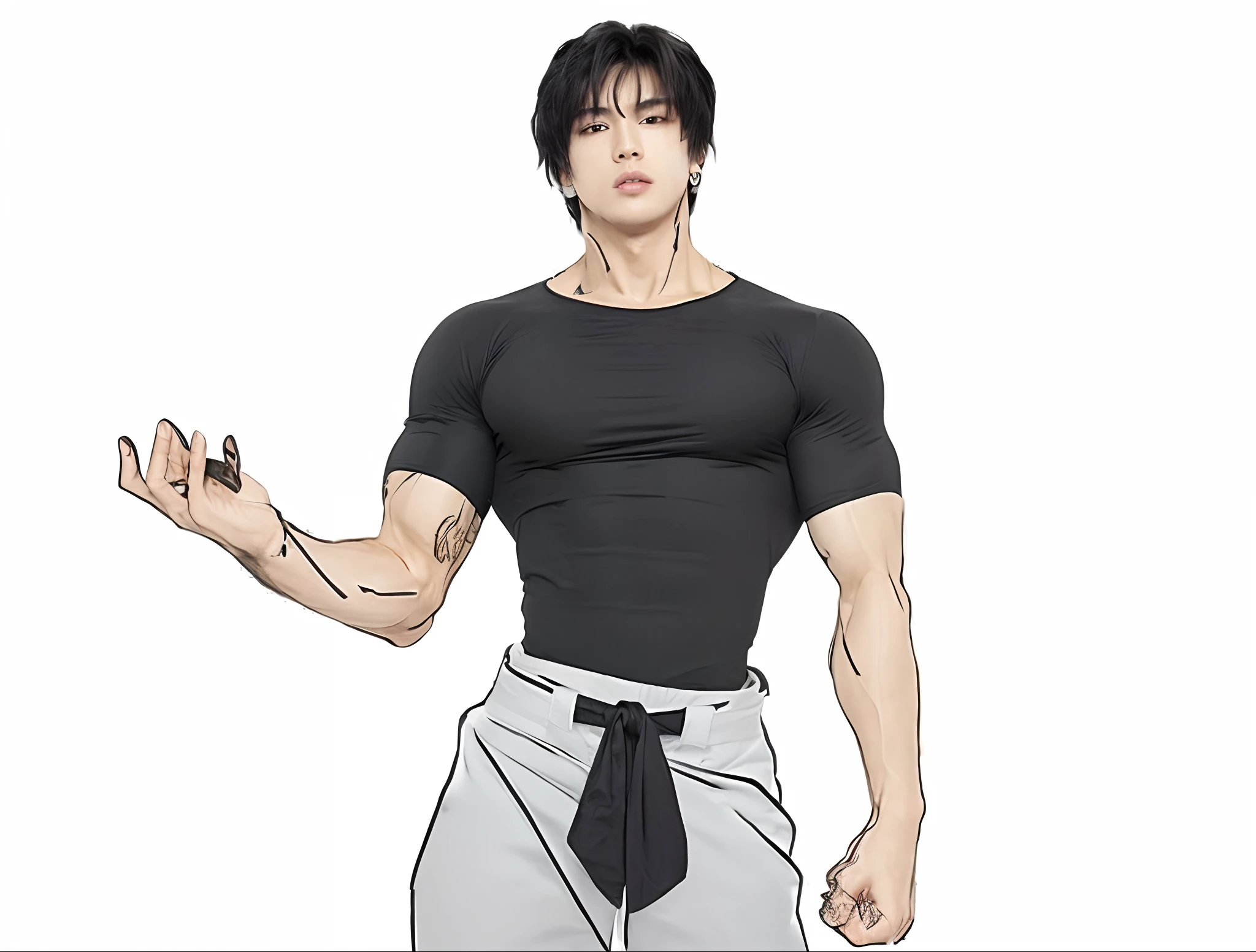 man, black hair, black t-shirt with muscle, white pants with blue sash