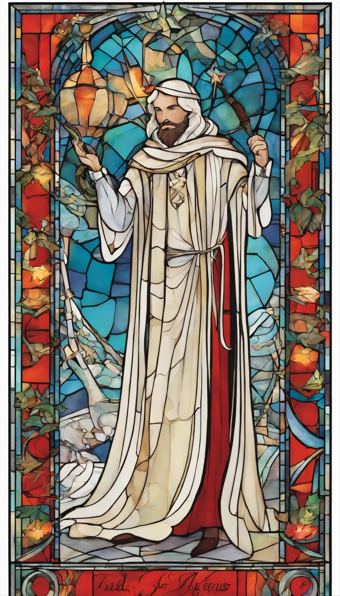 A magician stands with one arm stretched upwards towards the Universe, and the other pointing down to the earth. The Magician’s robe is white, and his cloak is red. On a table in front of him are a cup, pentacle, sword and wand. Above his head is the infinity symbol, and around his waist is a snake biting its own tail. in the foreground is an array of foliage and flowers, highly detailed