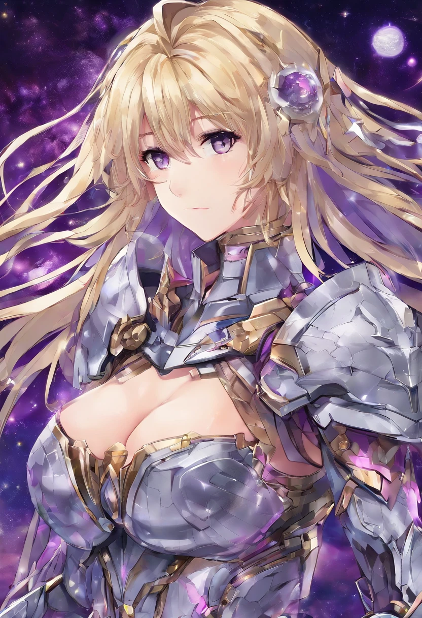 anime big breast,femele,Blonde slightly curly hair,Purple eye,The armor of the Grey Knight of the Starry Sky,Gold and purple filters