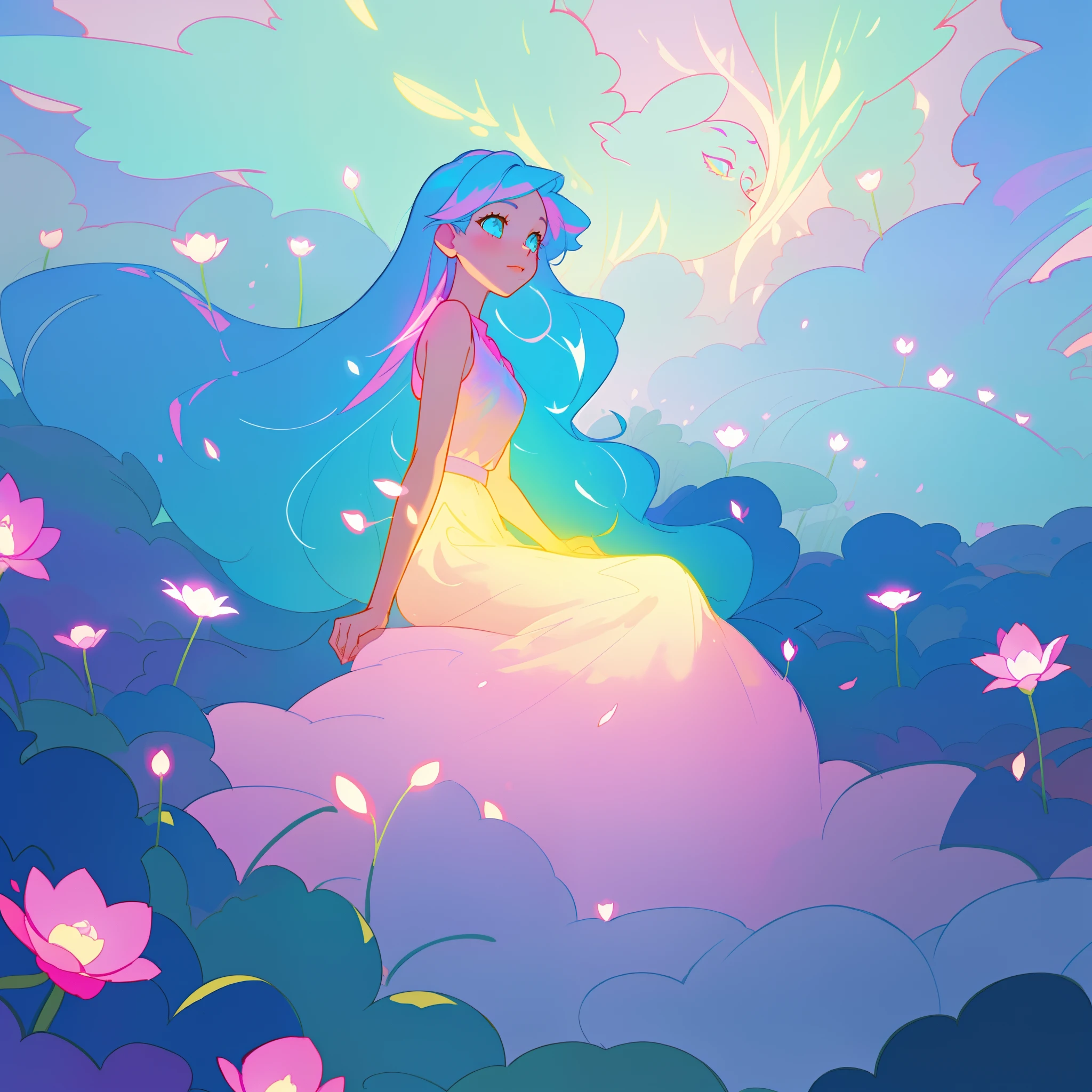 beautiful girl in gradient colorful dress, yellow pink purple fairy dress, beautiful girl sitting in a field with pink red flowers, puffy pink flowers, glowing lights, whimsical landscape, long dark blue flowing hair, watercolor illustration, inspired by Glen Keane, inspired by Lois van Baarle, disney art style, by Lois van Baarle, glowing aura around her, by Glen Keane, jen bartel, glowing lights! digital painting, flowing glowing hair, glowing flowing hair, beautiful digital illustration, fantasia otherworldly landscape plants flowers, beautiful, masterpiece, best quality, anime disney style