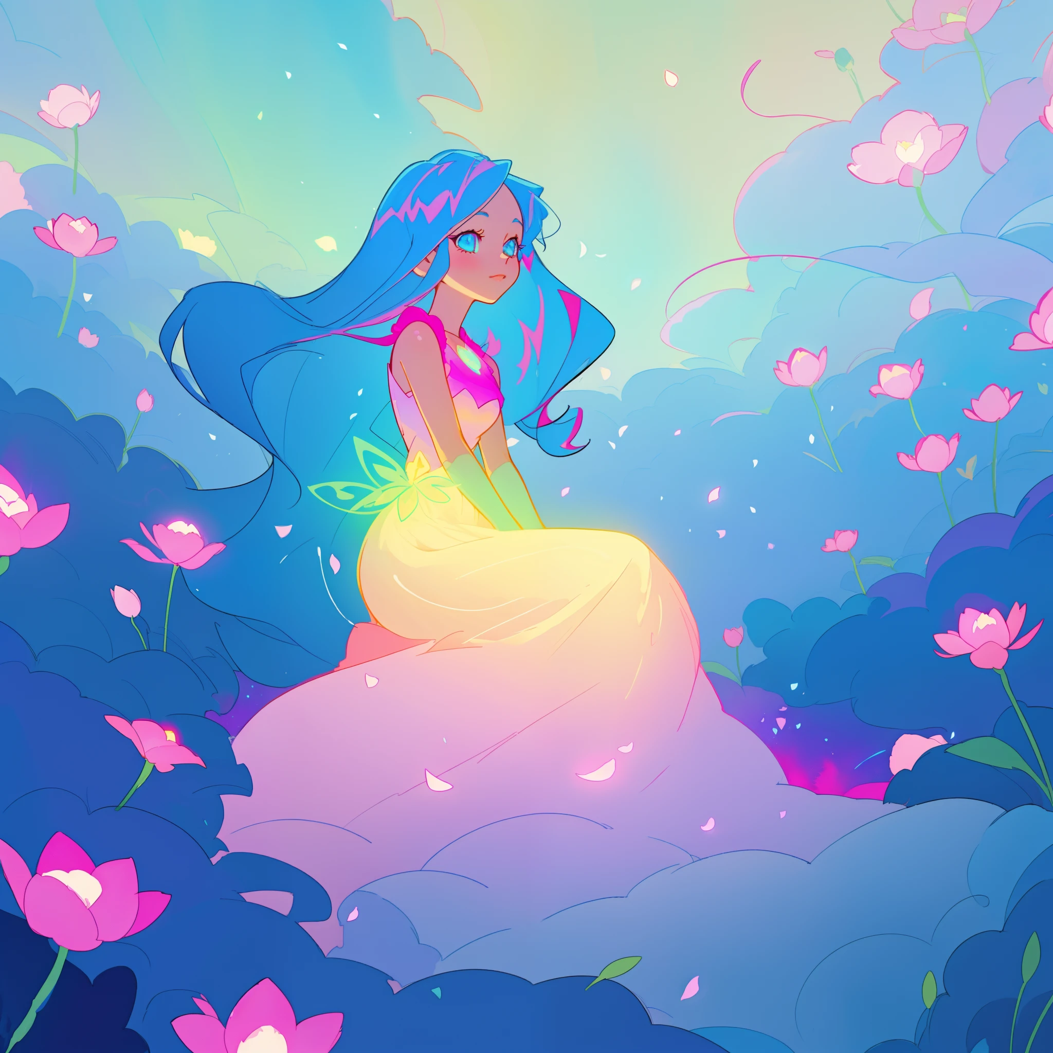 beautiful girl in gradient colorful dress, yellow pink purple fairy dress, beautiful girl sitting in a field with pink red flowers, puffy pink flowers, glowing lights, whimsical landscape, long dark blue flowing hair, watercolor illustration, inspired by Glen Keane, inspired by Lois van Baarle, disney art style, by Lois van Baarle, glowing aura around her, by Glen Keane, jen bartel, glowing lights! digital painting, flowing glowing hair, glowing flowing hair, beautiful digital illustration, fantasia otherworldly landscape plants flowers, beautiful, masterpiece, best quality, anime disney style